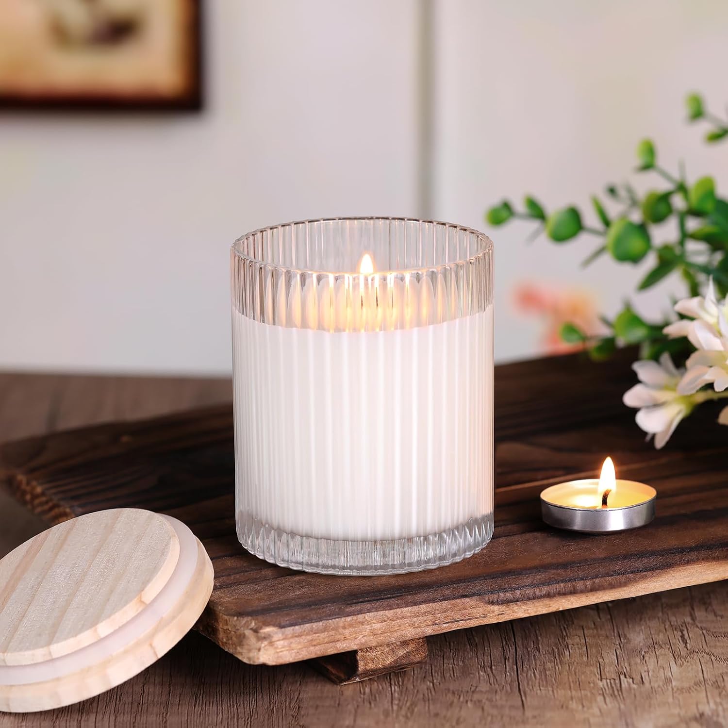 8Pcs Ribbed Clear Glass Candle Jars Wood Lids