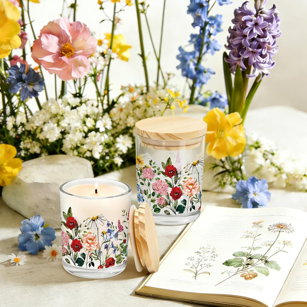 12Pcs Wildflower Empty Candle Jar Wooden Lid