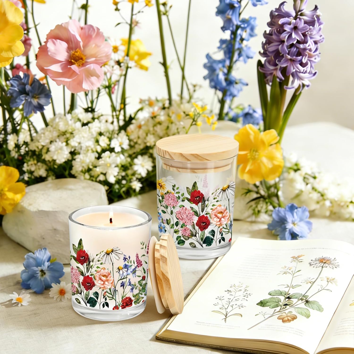 12Pcs Wildflower Empty Candle Jar Wooden Lid