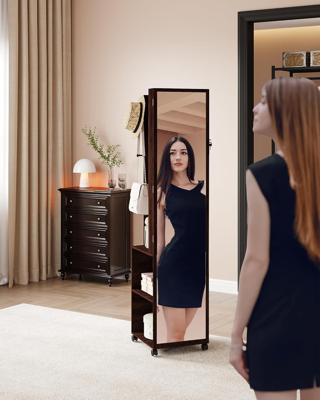 Brown LED Jewelry Mirror Cabinet with Garment Rack