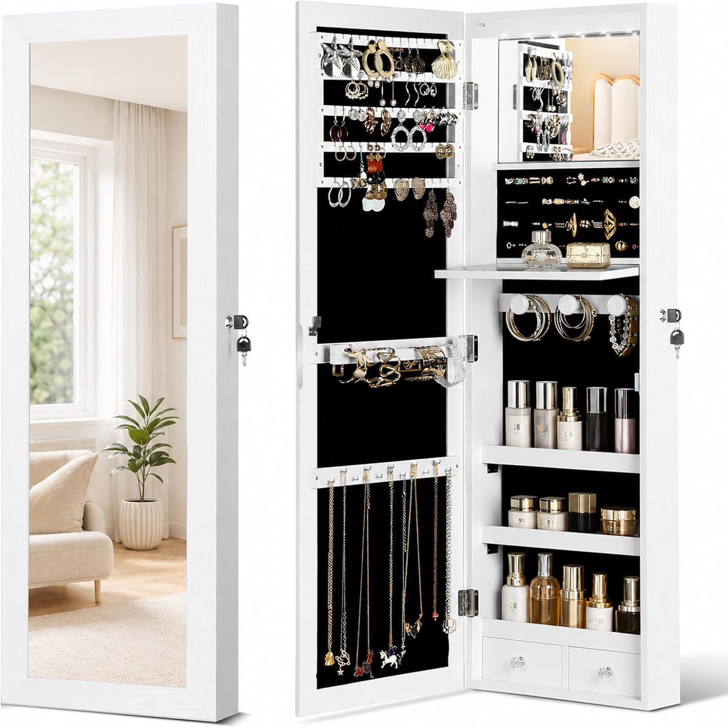 LED Over Door Jewelry Mirror Cabinet