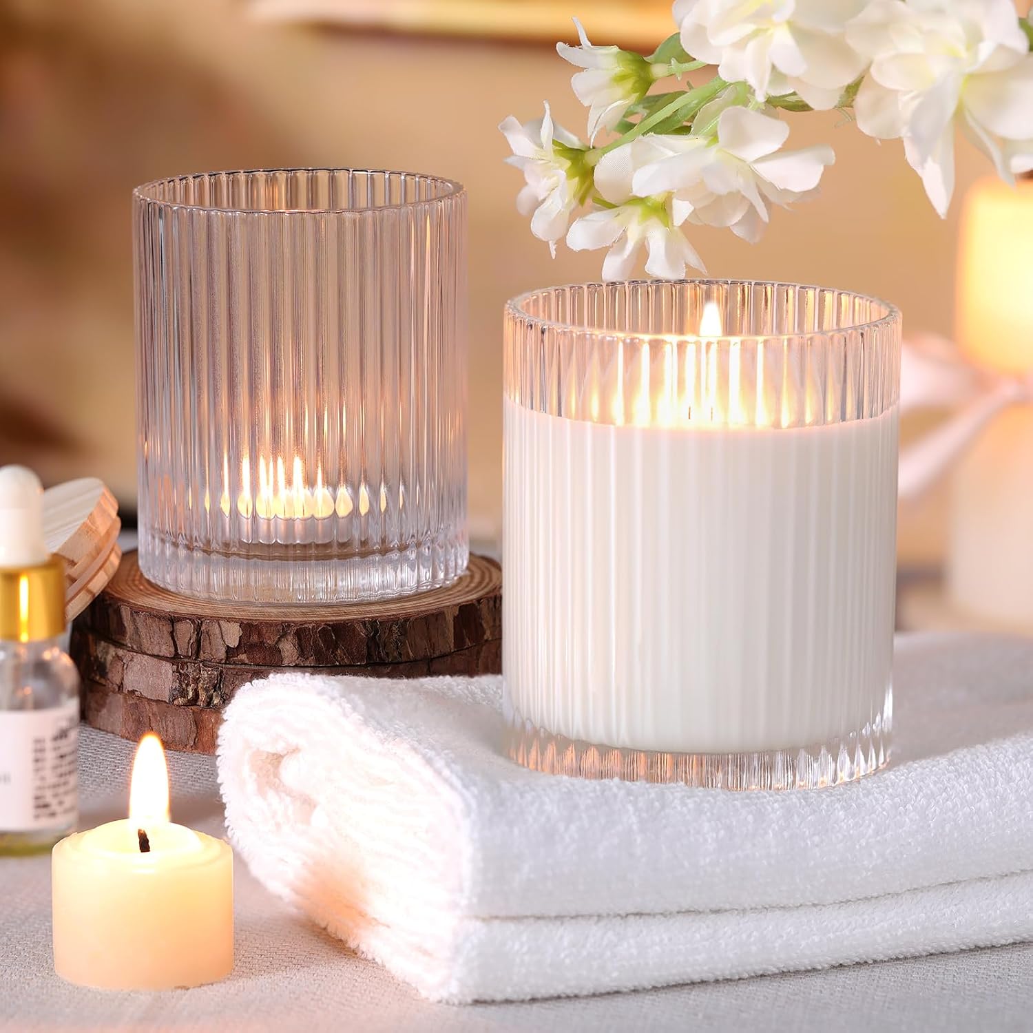 8Pcs Ribbed Clear Glass Candle Jars Wood Lids