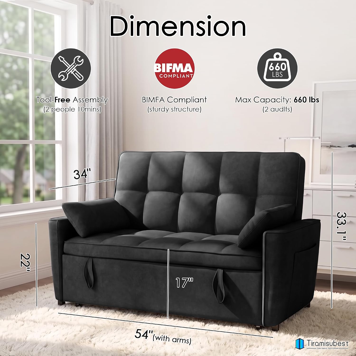 Black Velvet Convertible Pull Out Loveseat Sofa Bed