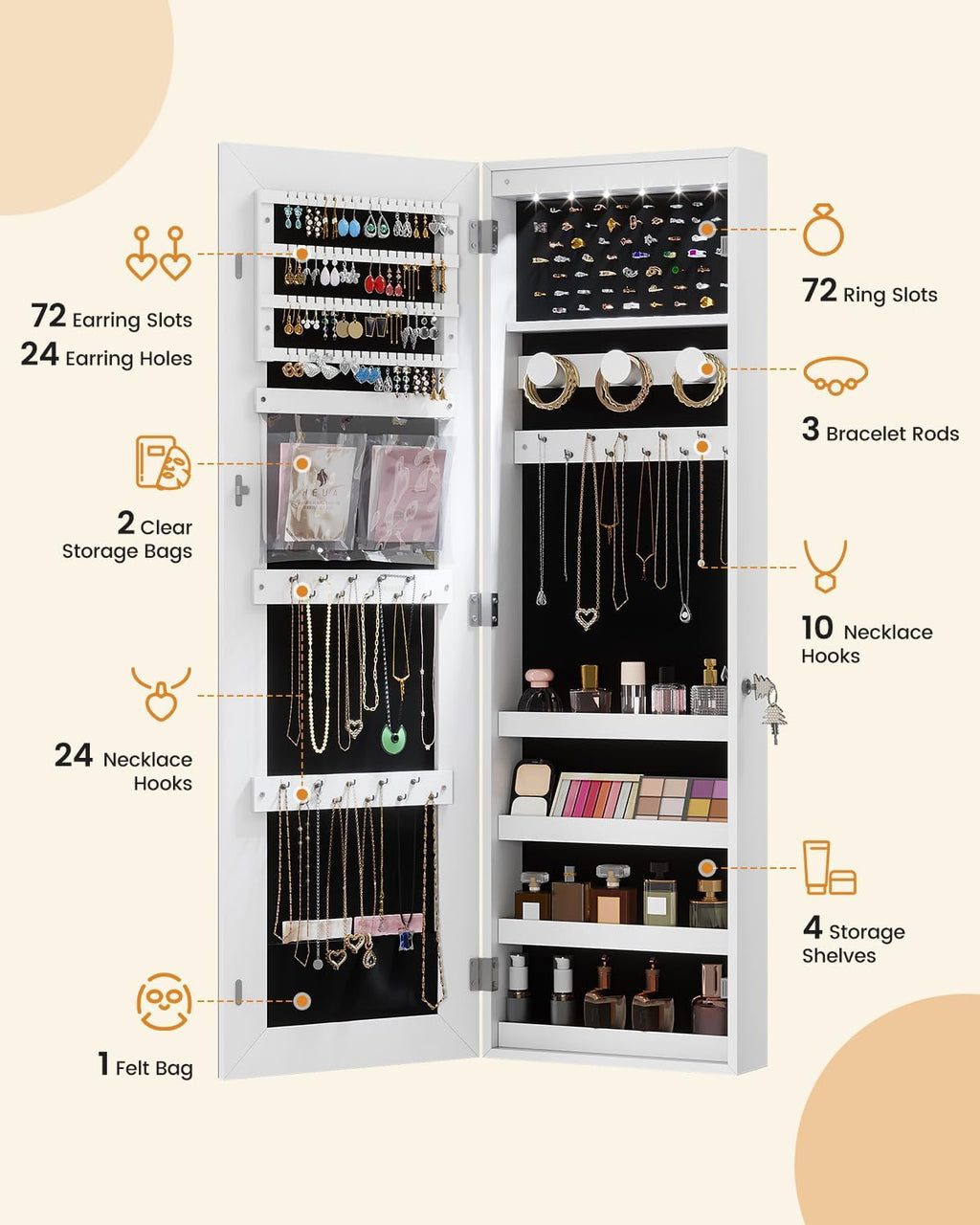 White LED Over Door Jewelry Cabinet