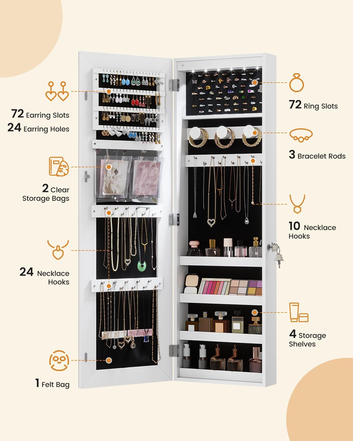 White LED Over Door Jewelry Cabinet