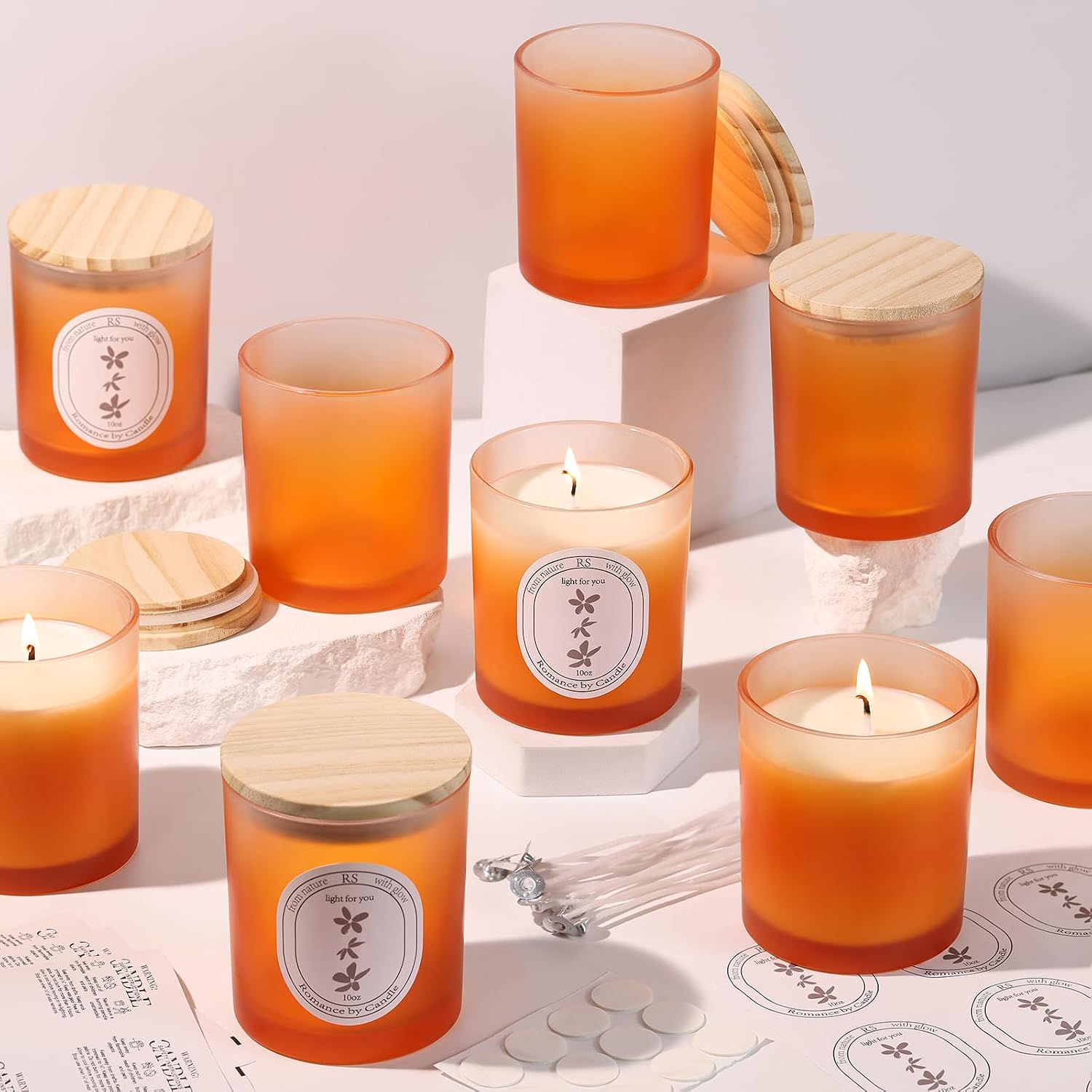 12Pcs Gradient Orange Glass Candle Jars Bamboo Lids
