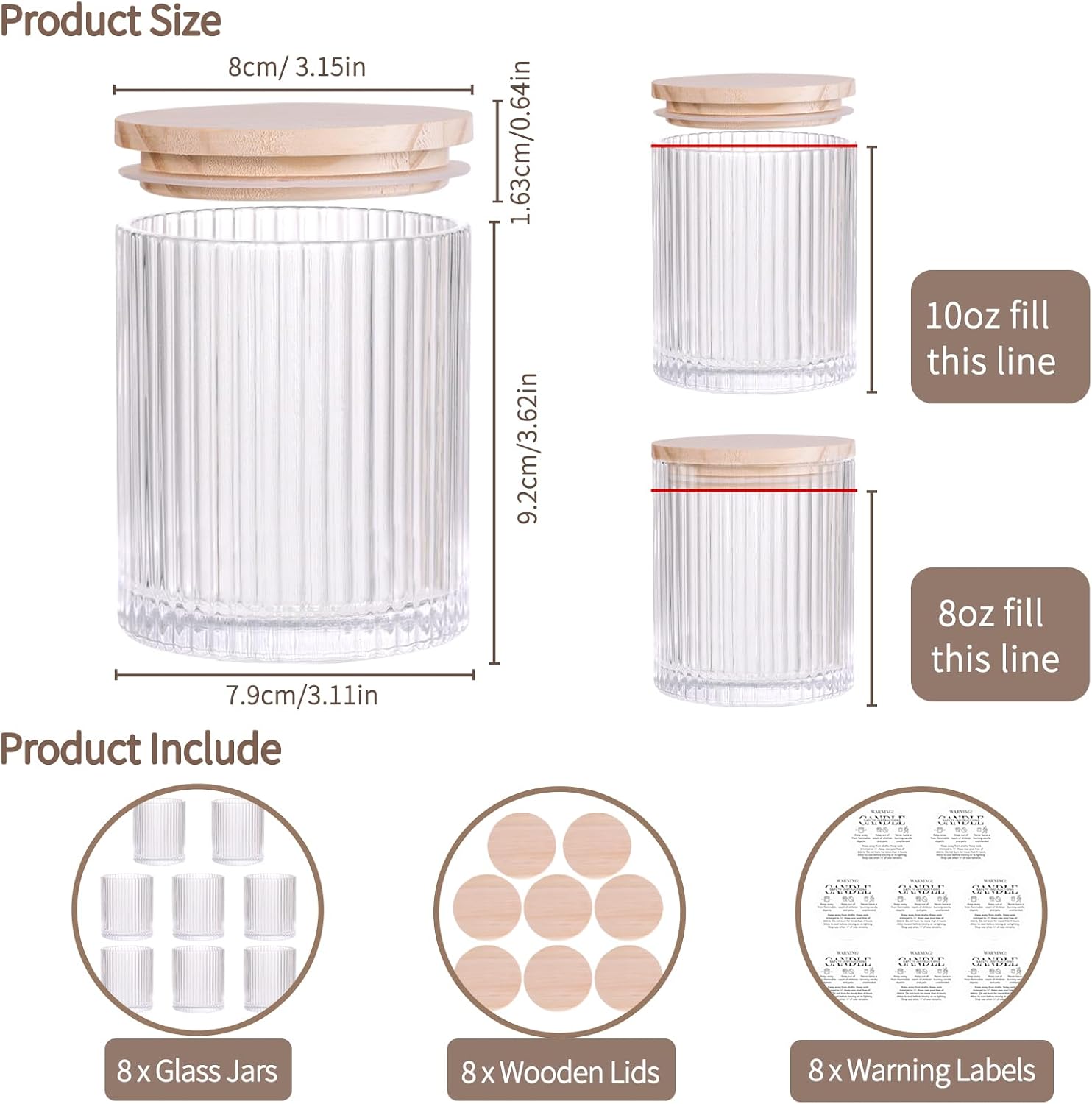 8Pcs Ribbed Clear Glass Candle Jars Wood Lids