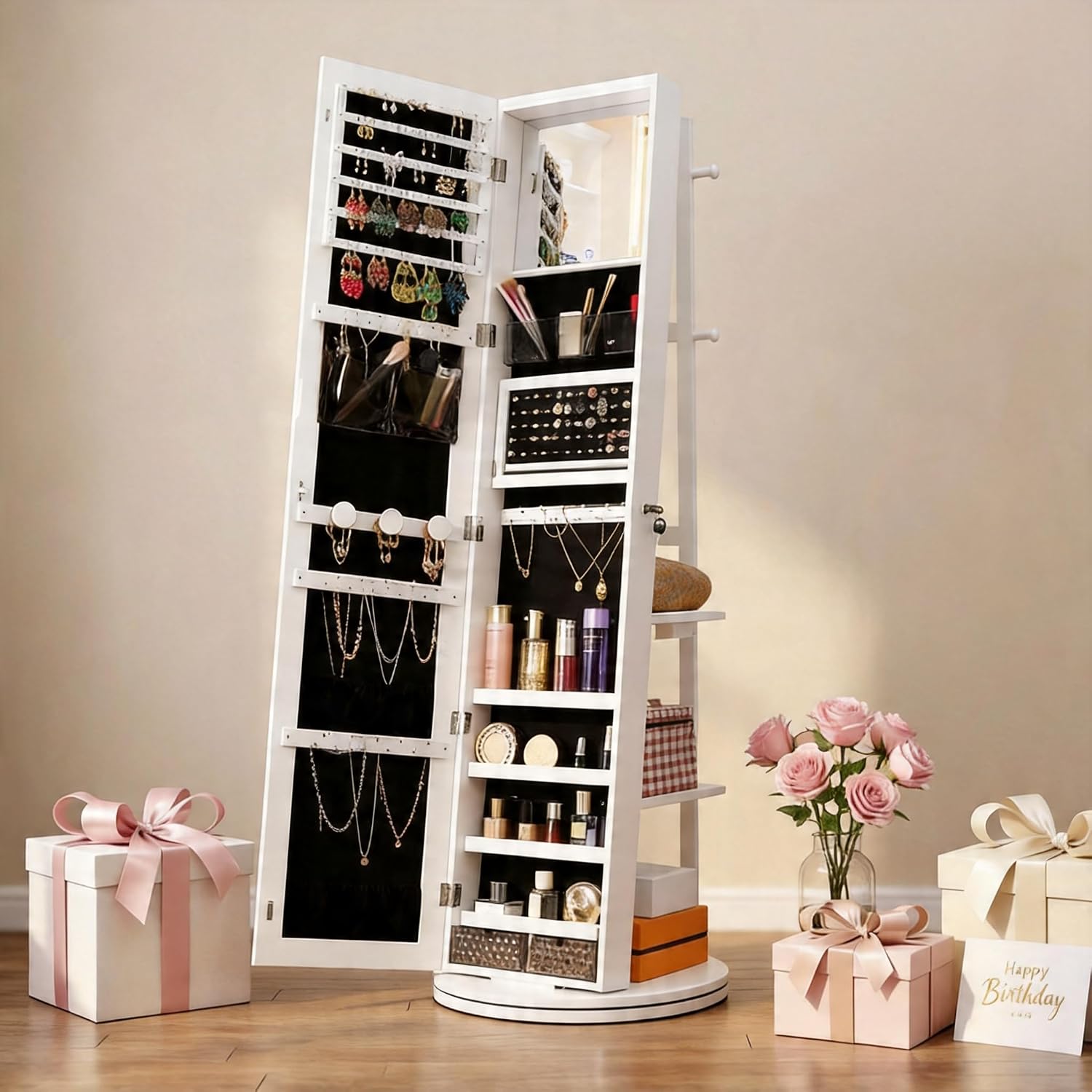 White Swivel LED Jewelry Mirror Cabinet