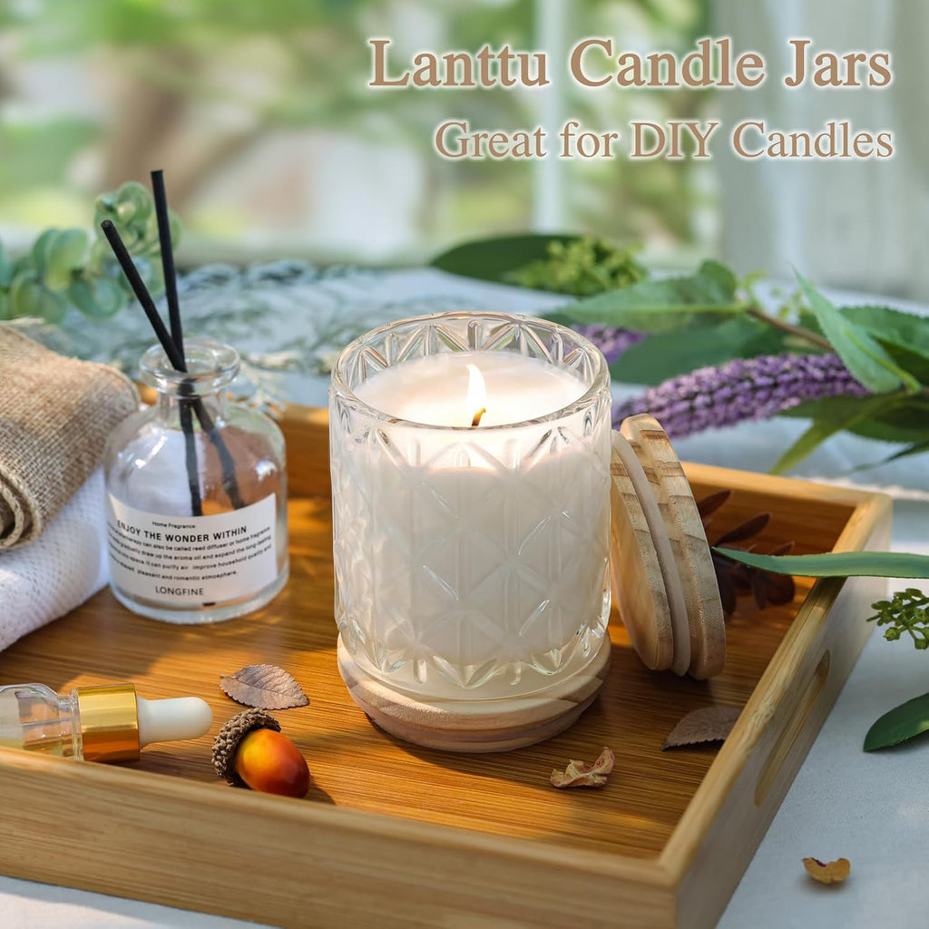 10 Pack Clear Diamond Glass Candle Jars Wooden Lids
