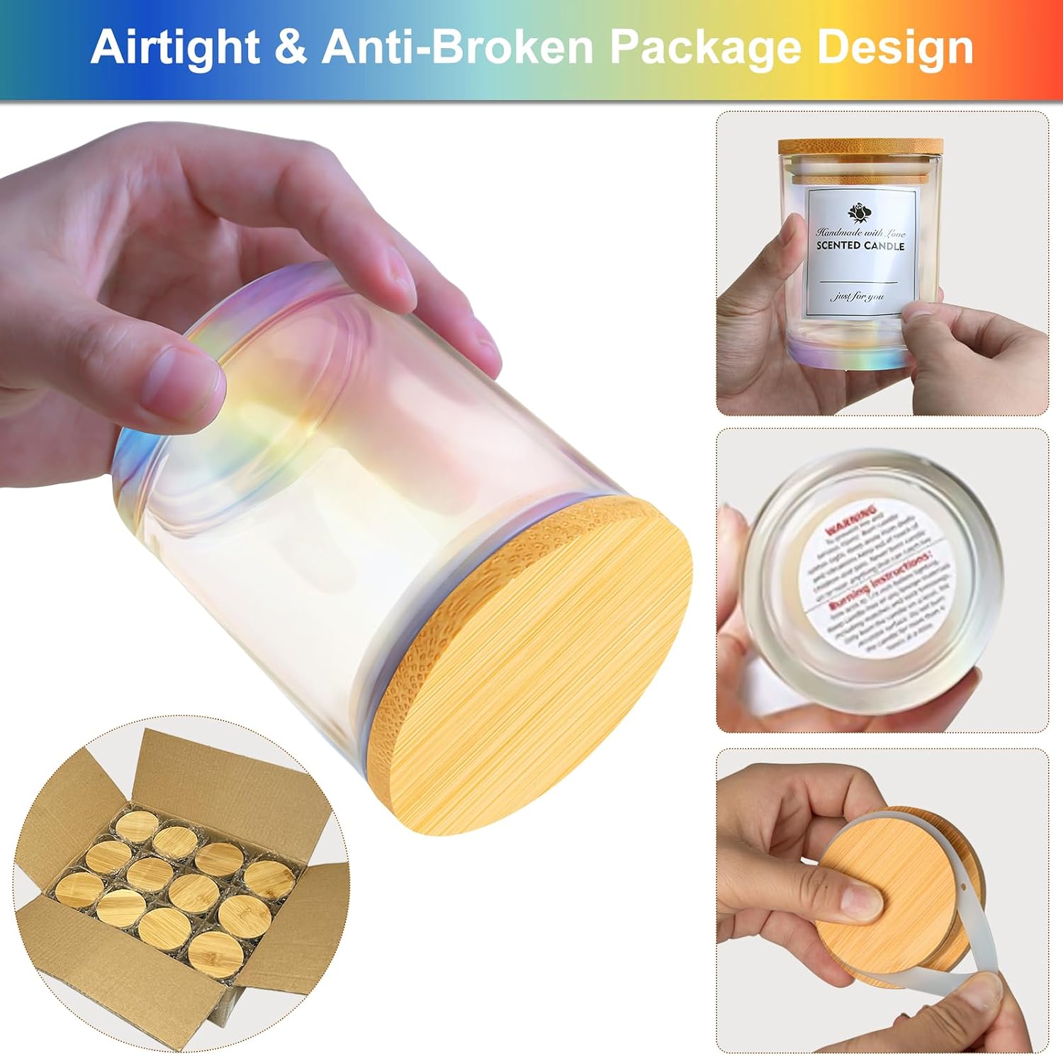 12 Pack Iridescent Glass Candle Jars Bamboo Lids