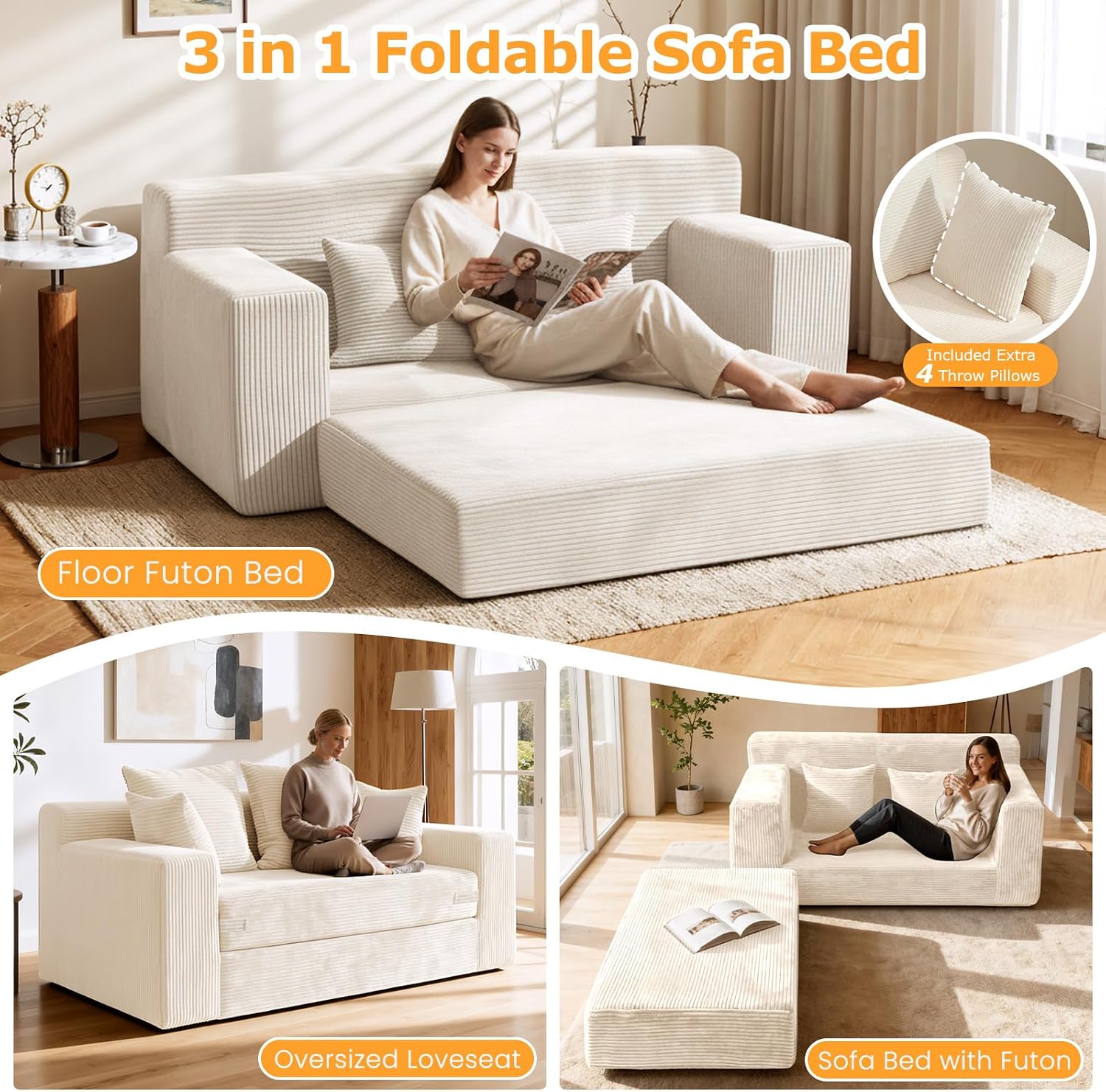 Beige Corduroy 3-in-1 Boneless Loveseat Sofa Bed