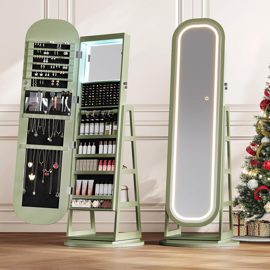 Green Swivel LED Jewelry Mirror Cabinet