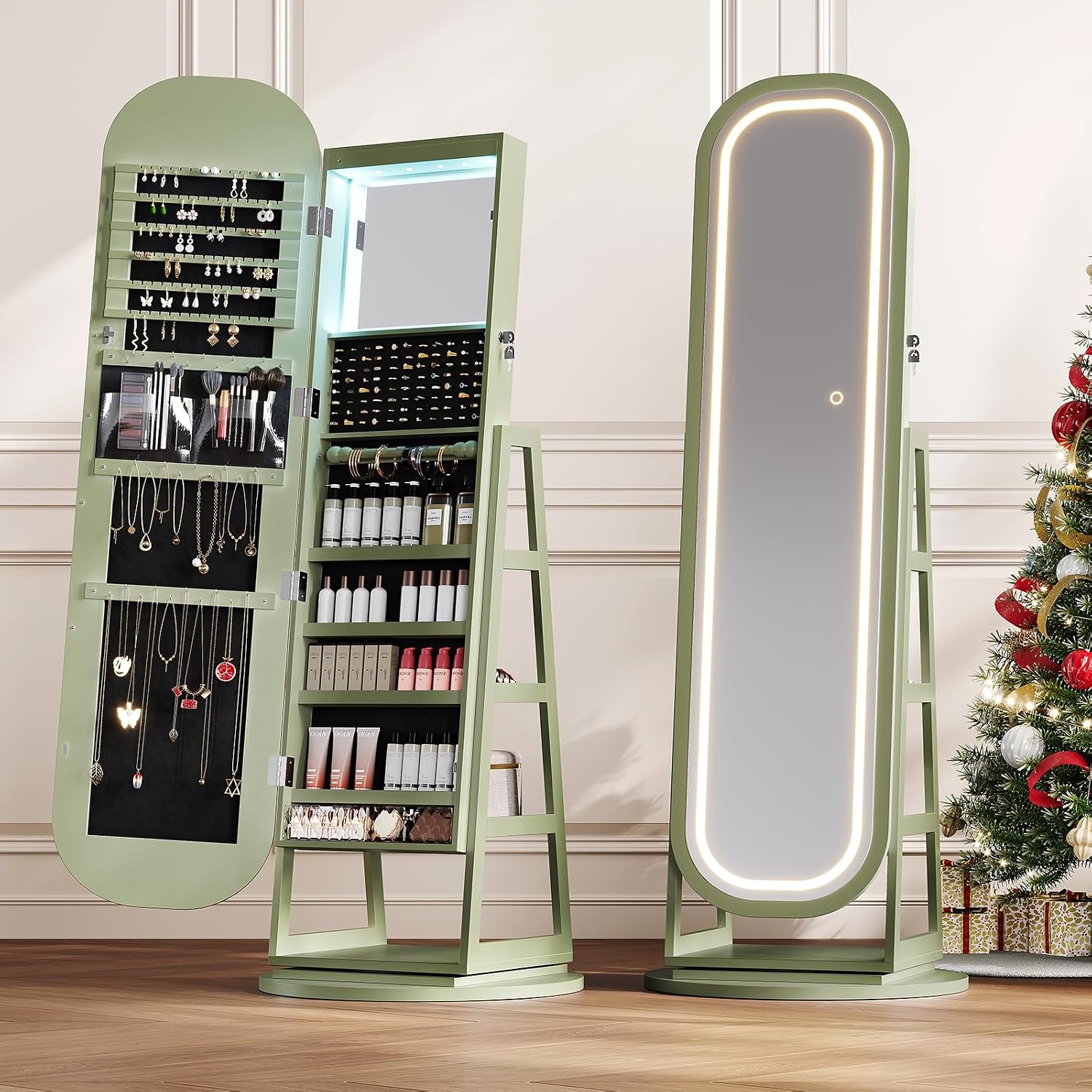 Green Swivel LED Jewelry Mirror Cabinet