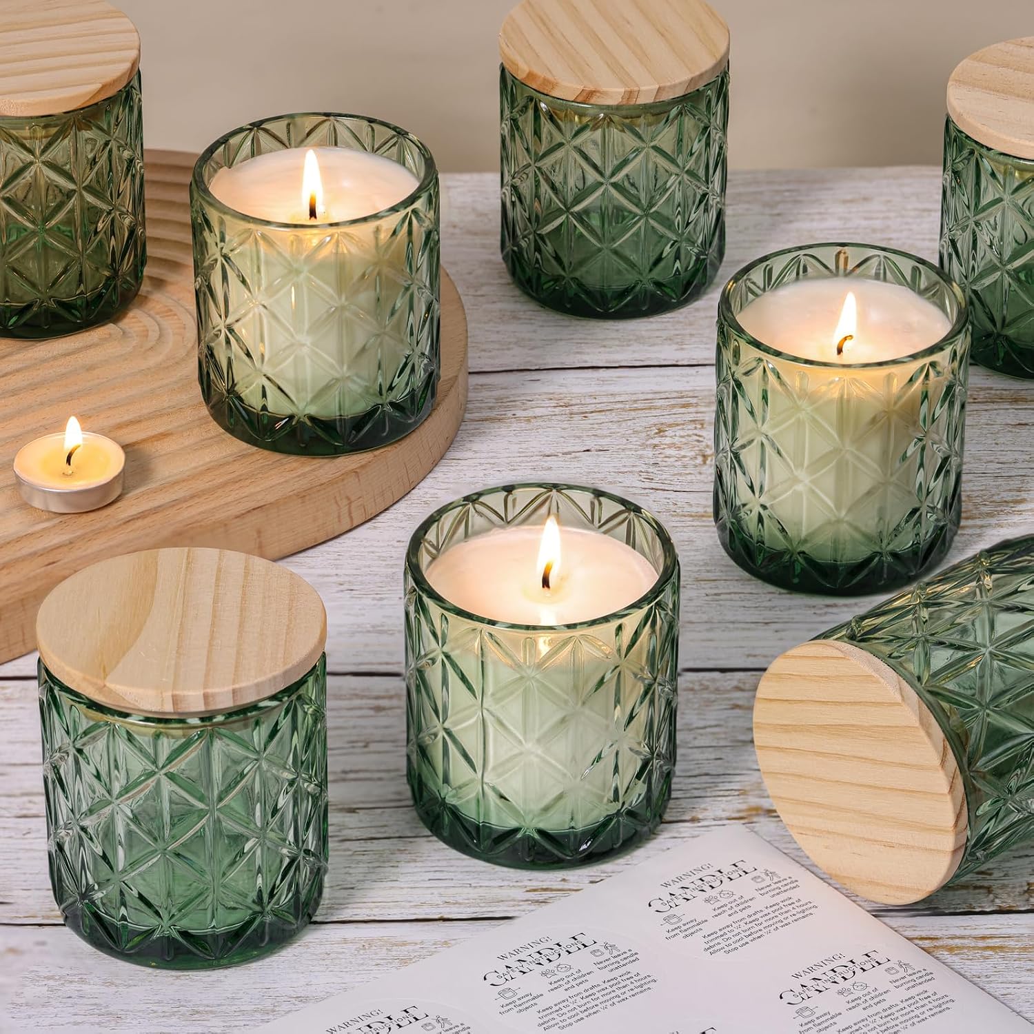 10 Pack Green Diamond Glass Candle Jars Wooden Lids