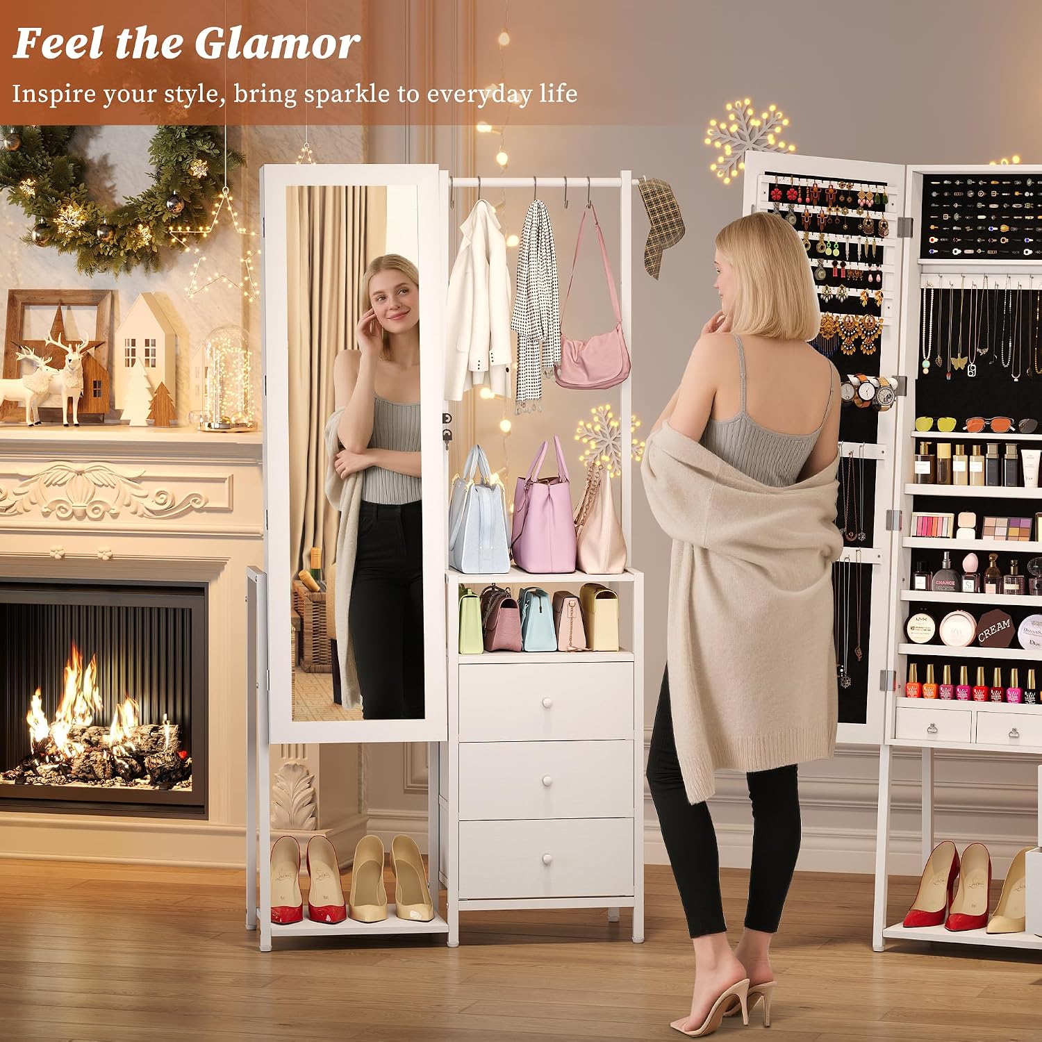White Jewelry Mirror Cabinet with Clothes Rack