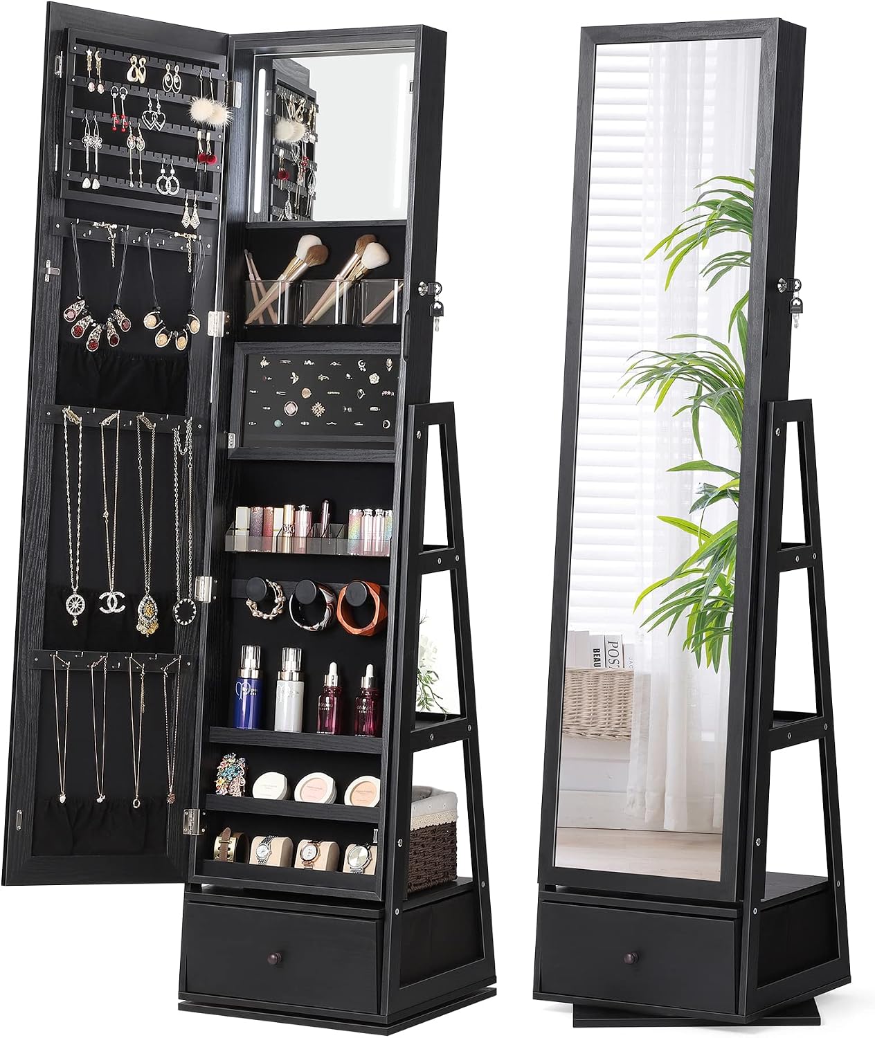 Black Swivel Lighted Jewelry Mirror Cabinet