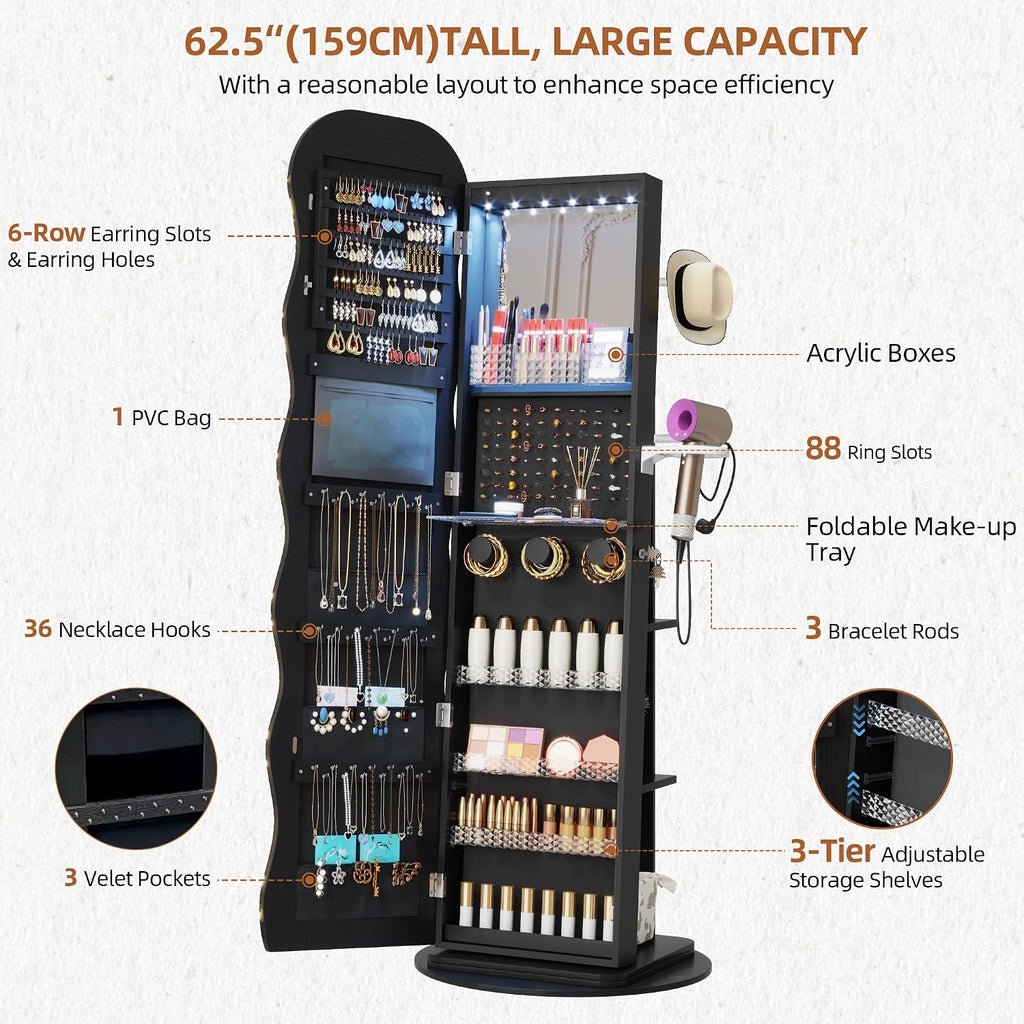 Black Swivel LED Jewelry Mirror Cabinet