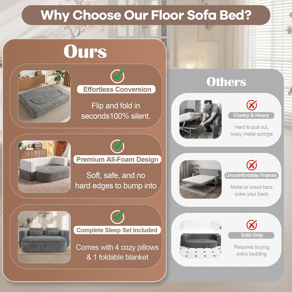 Gray Corduroy Foldable Floor Sofa Bed