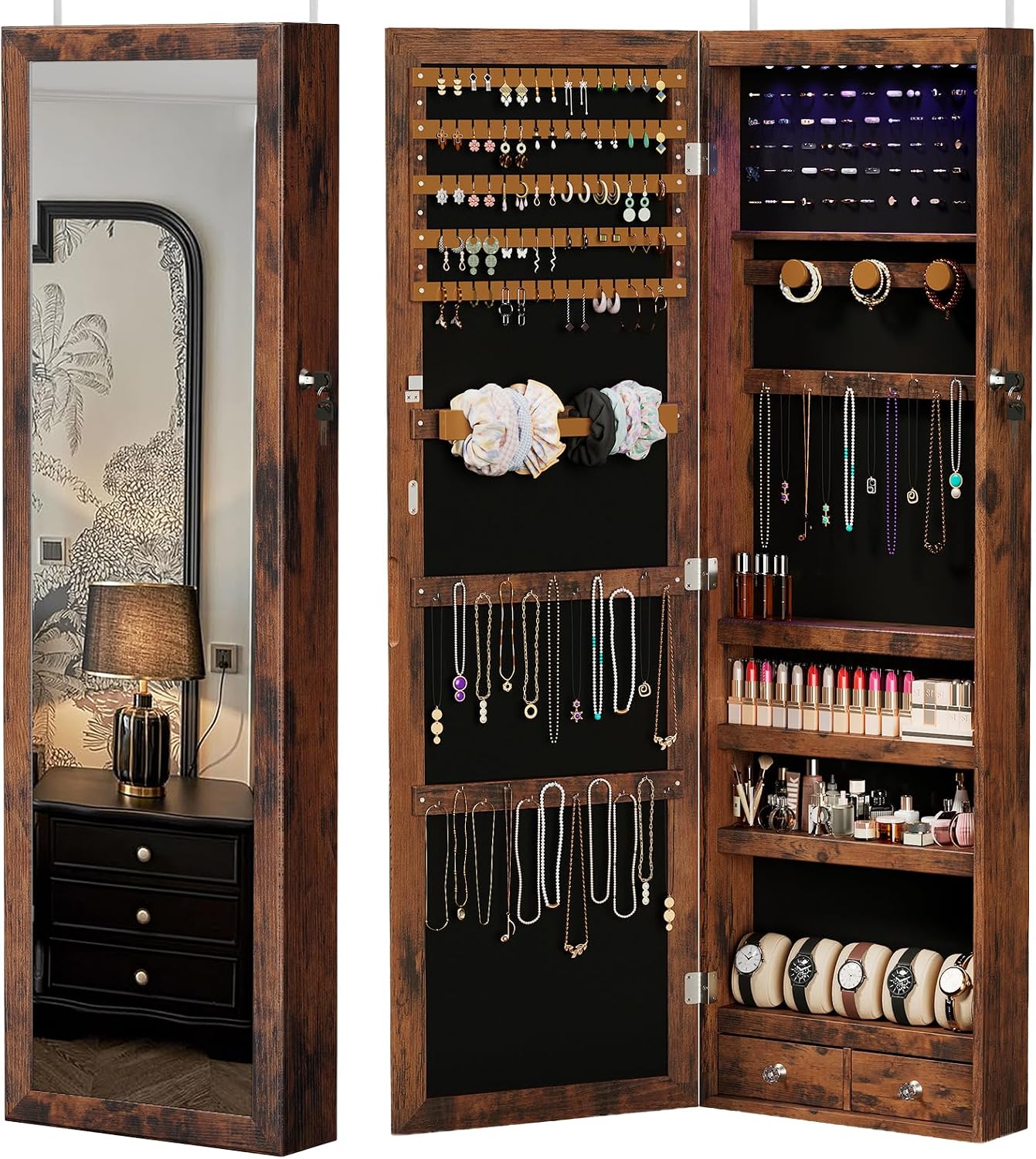 Brown LED Wall Mount Jewelry Cabinet