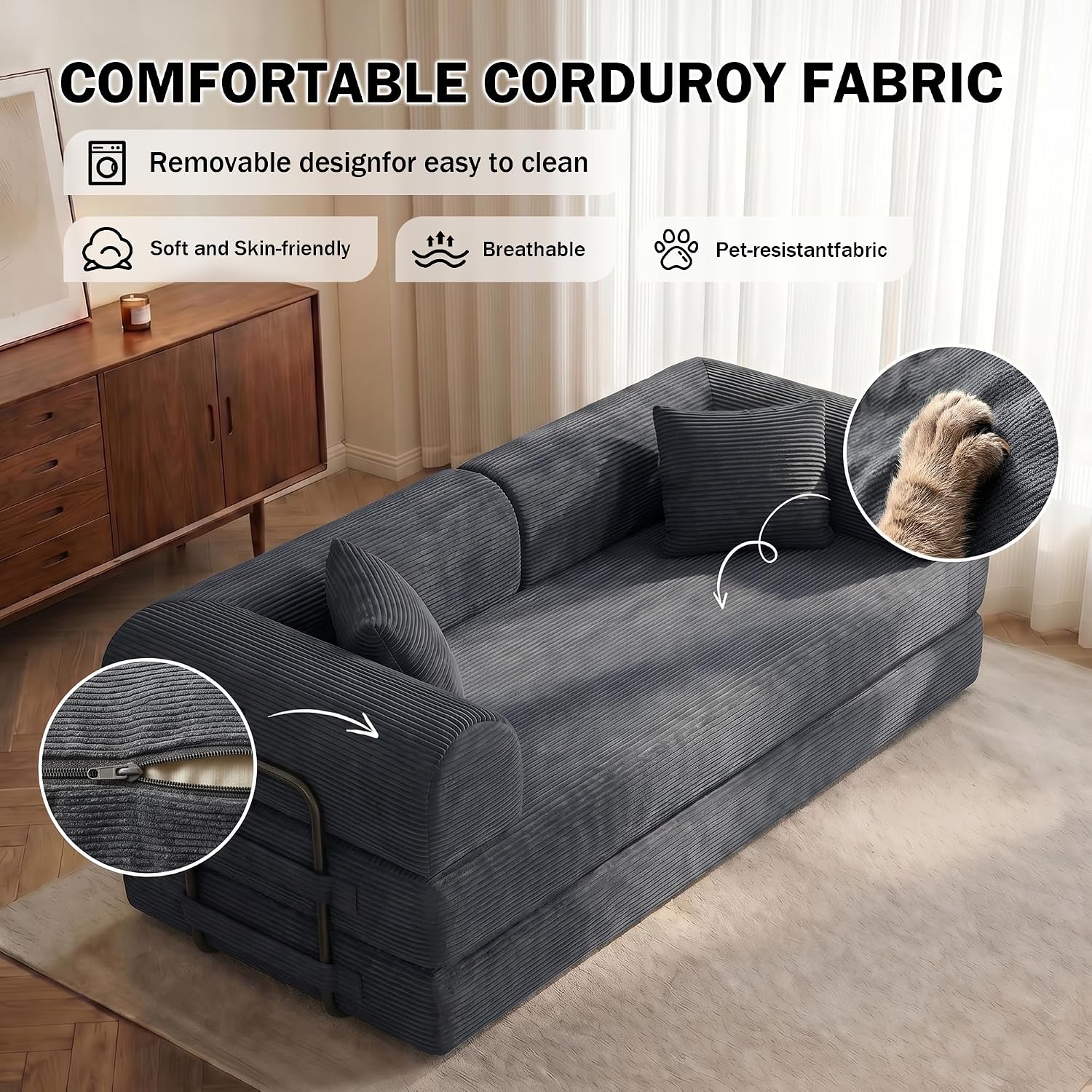 Dark Gray Corduroy 5-in-1 Convertible Floor Sofa Bed