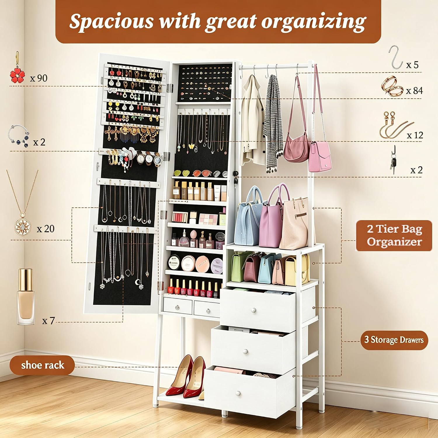 White Jewelry Mirror Cabinet with Clothes Rack