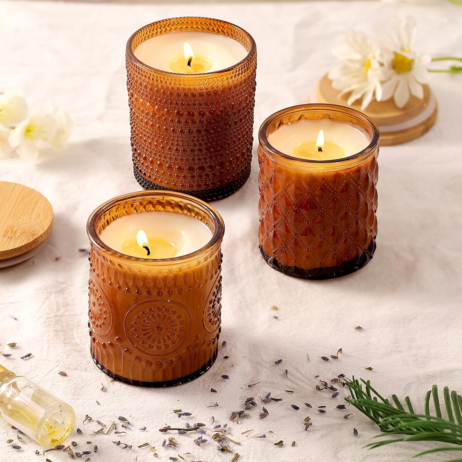 12 Pack Amber Glass Candle Jars Bamboo Lids