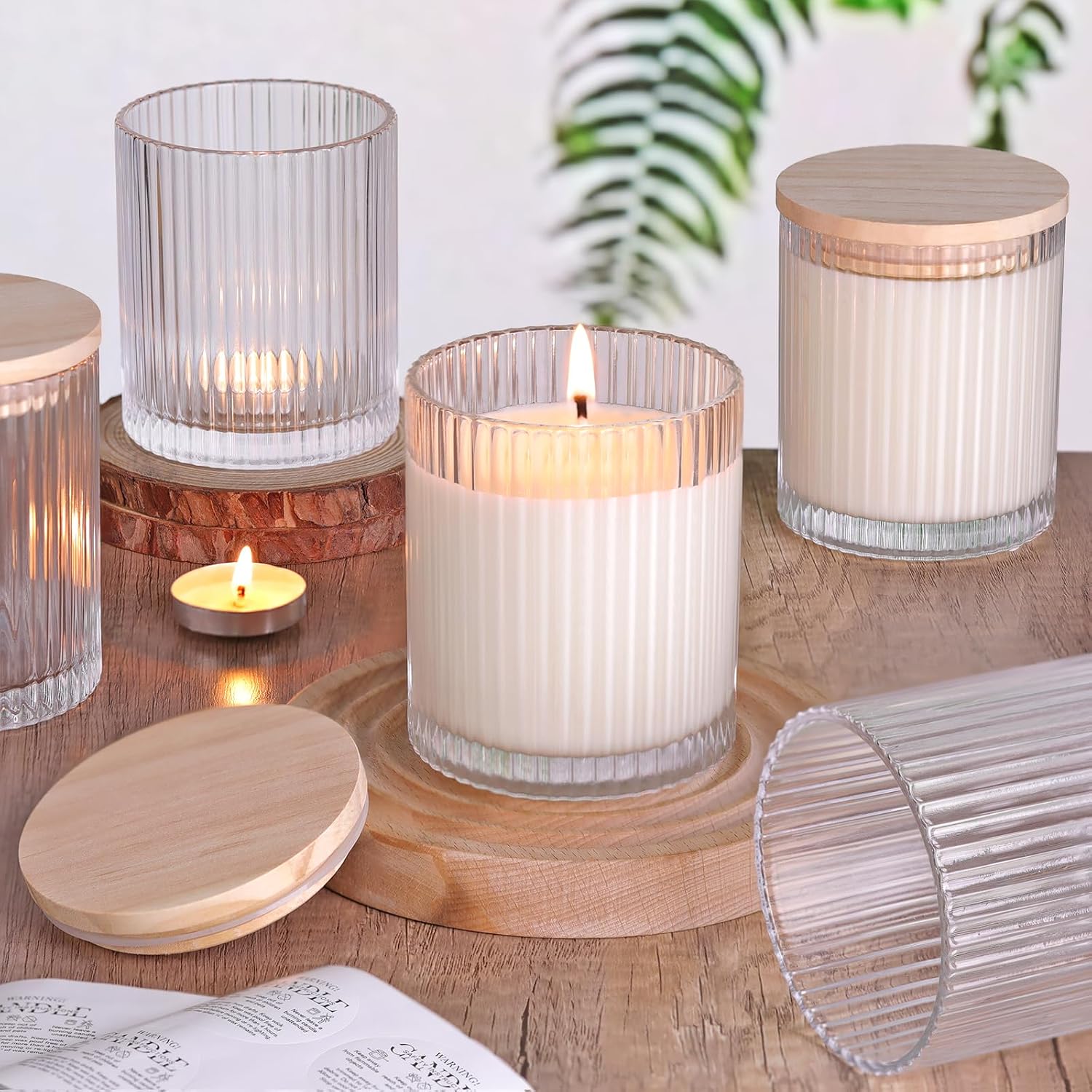 8Pcs Ribbed Clear Glass Candle Jars Wood Lids