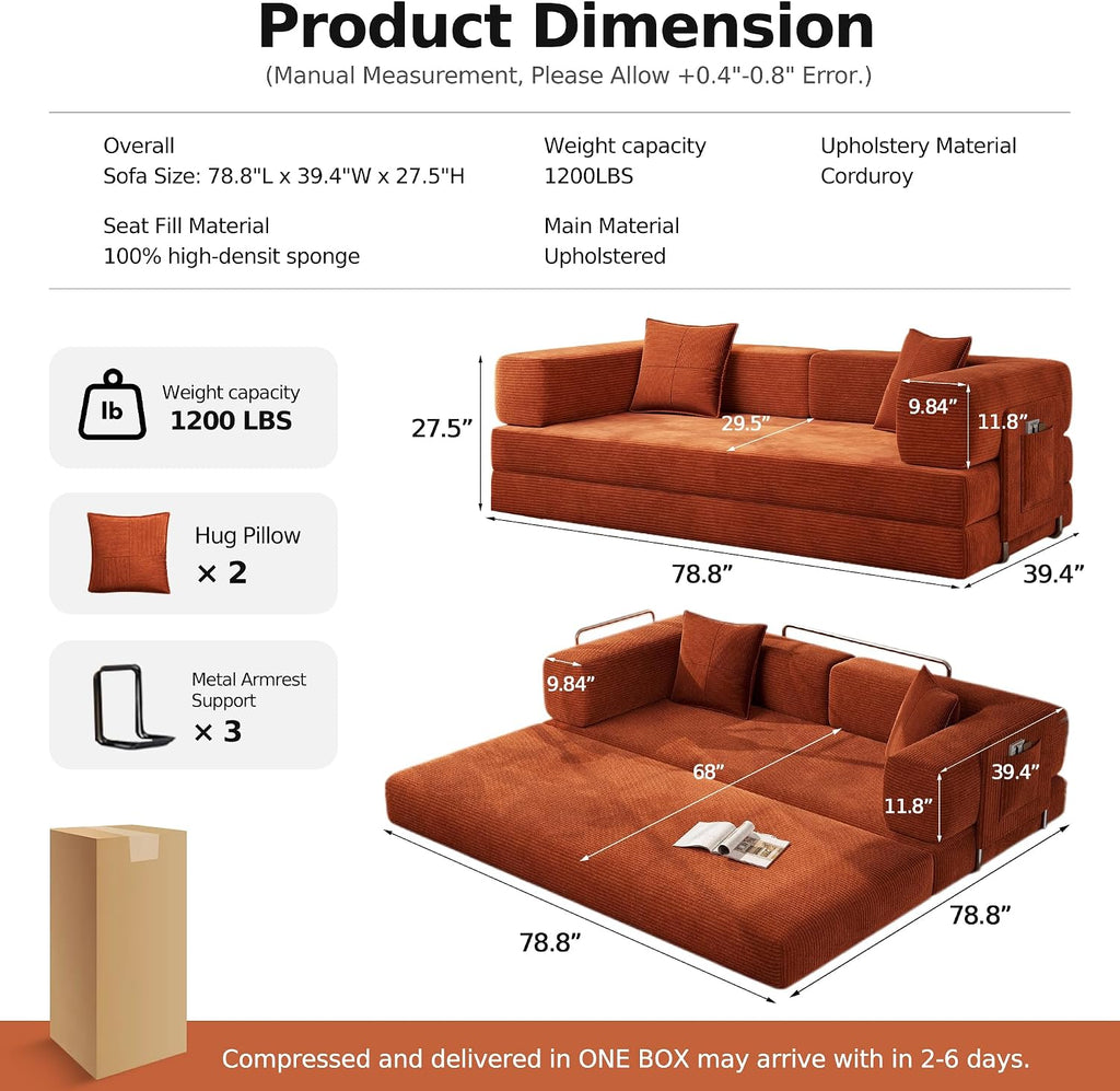 Orange Foldable Corduroy Floor Sofa Bed