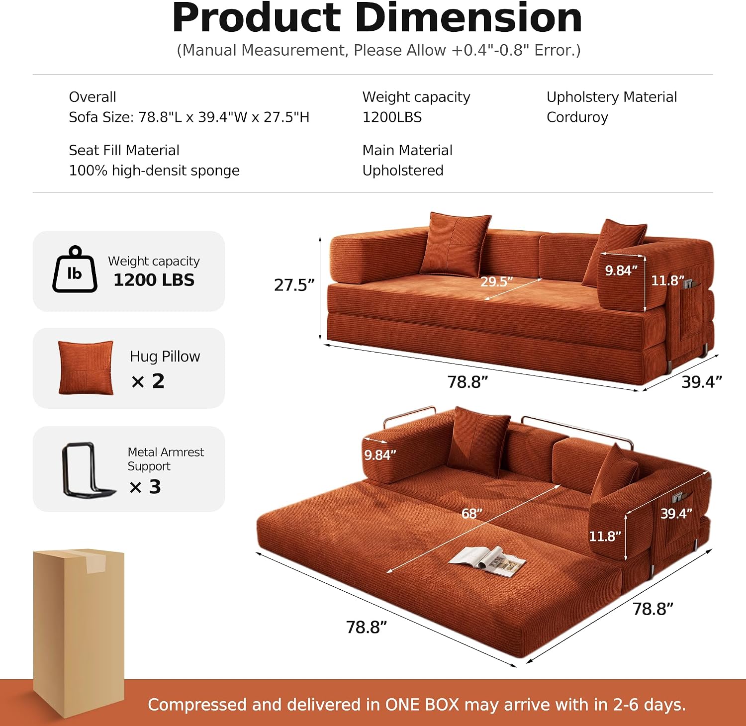 Orange Foldable Corduroy Floor Sofa Bed