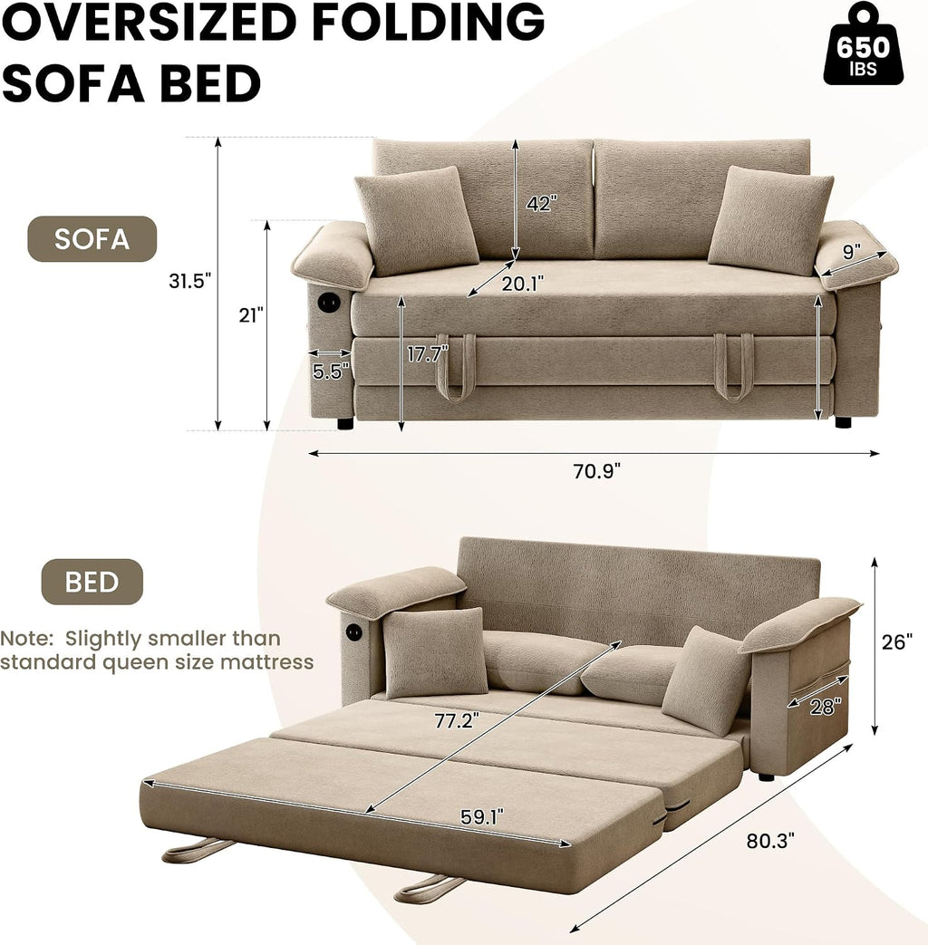 Khaki Chenille Convertible Sofa Bed