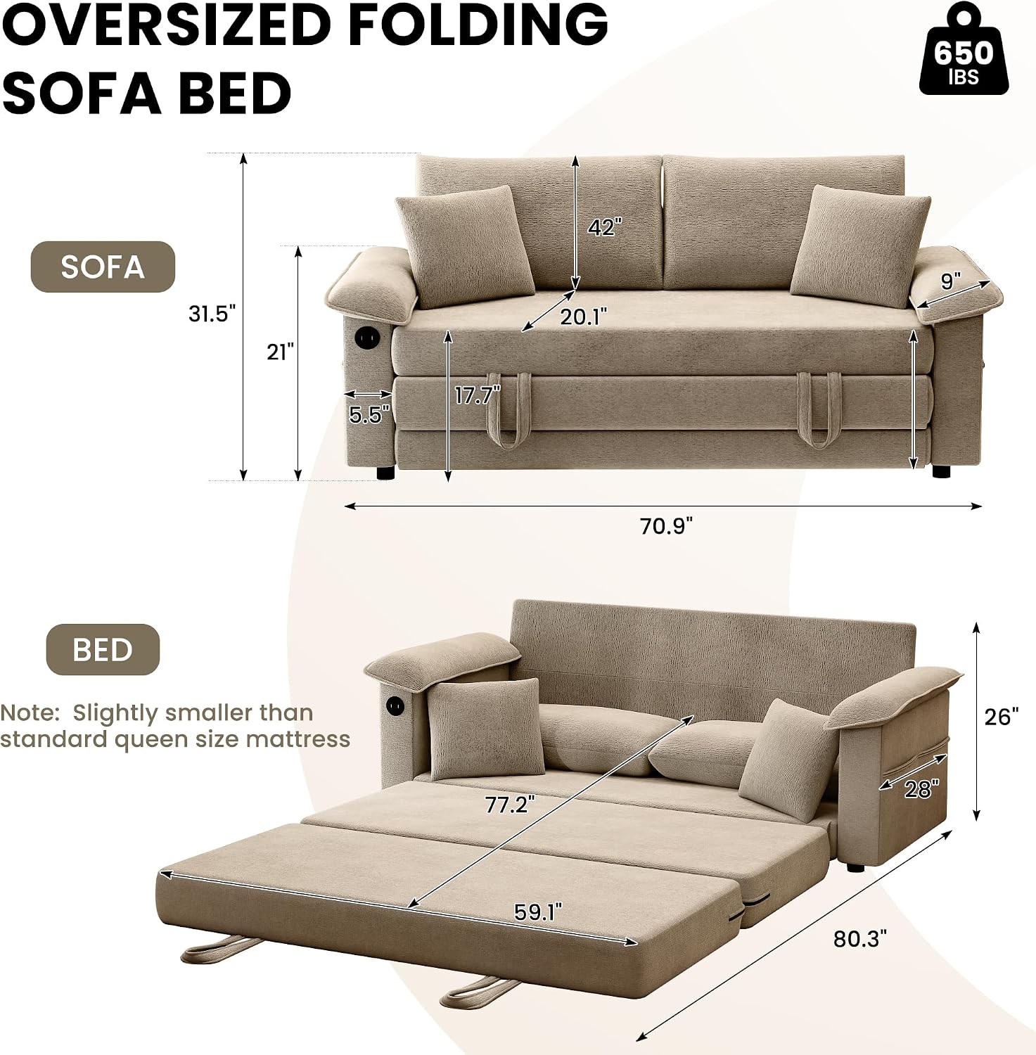 Khaki Chenille Convertible Sofa Bed