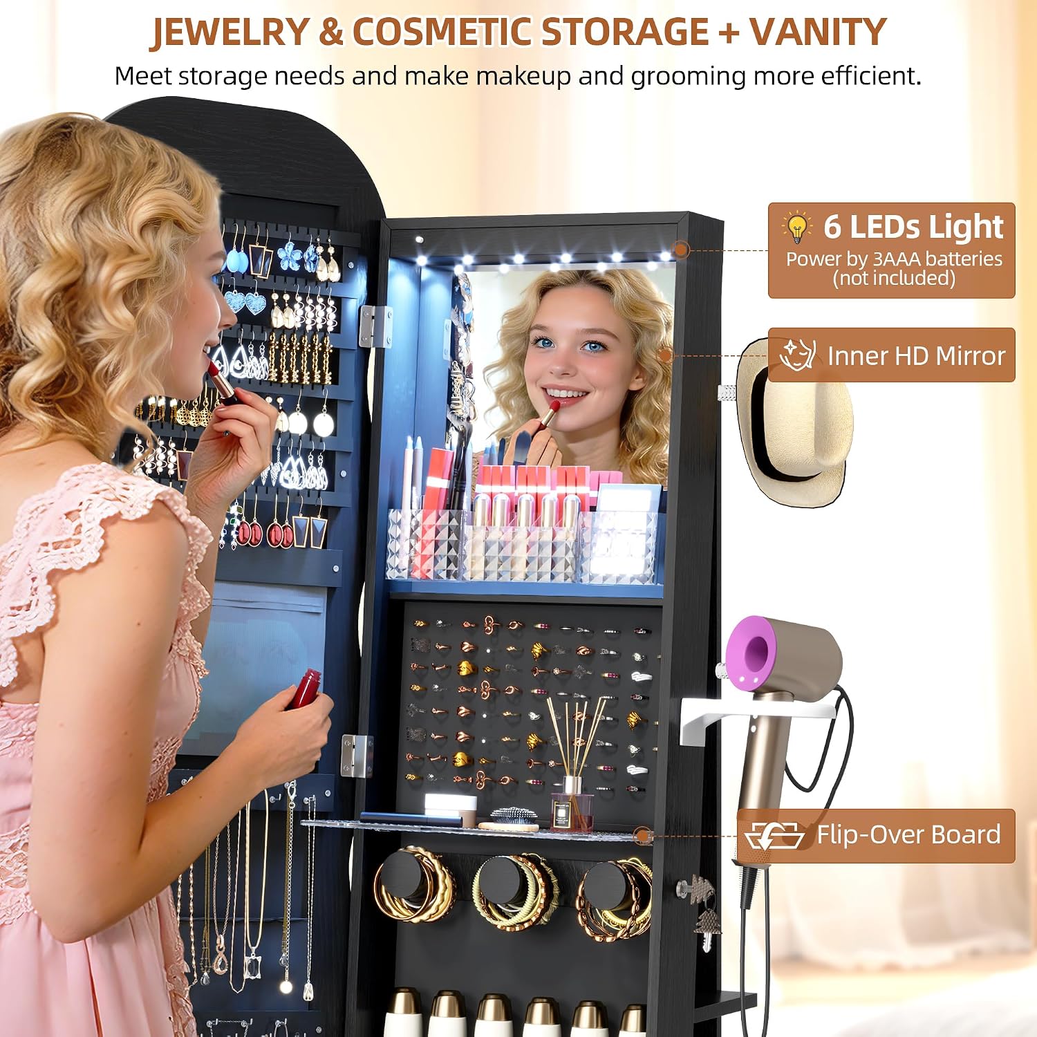Black Swivel LED Jewelry Mirror Cabinet