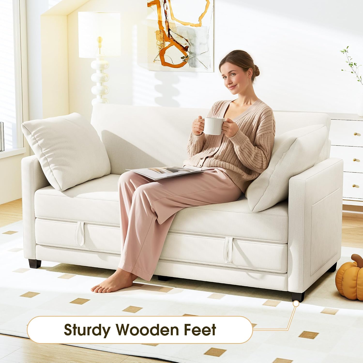 Beige Chenille Convertible Loveseat Sofa Bed