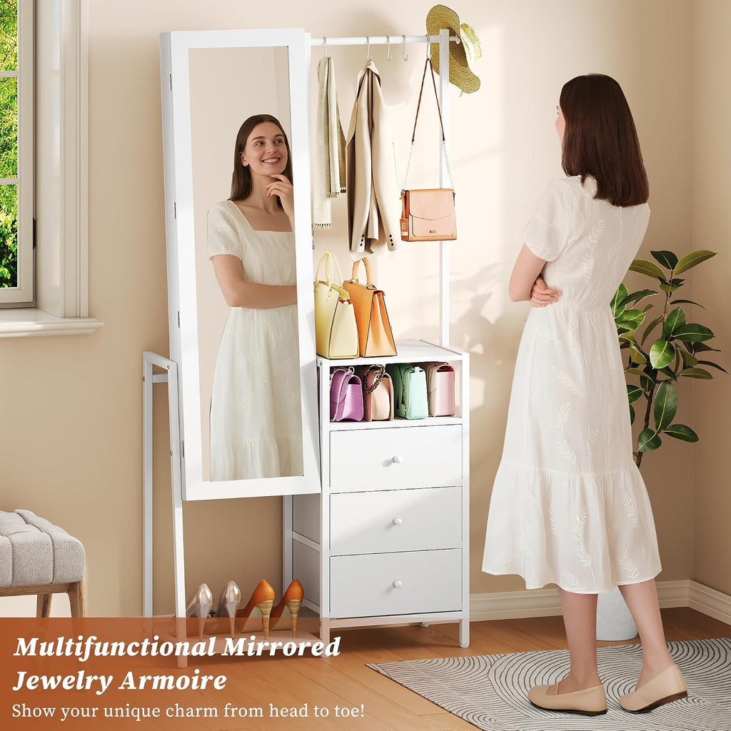 White Jewelry Mirror Cabinet with Clothes Rack