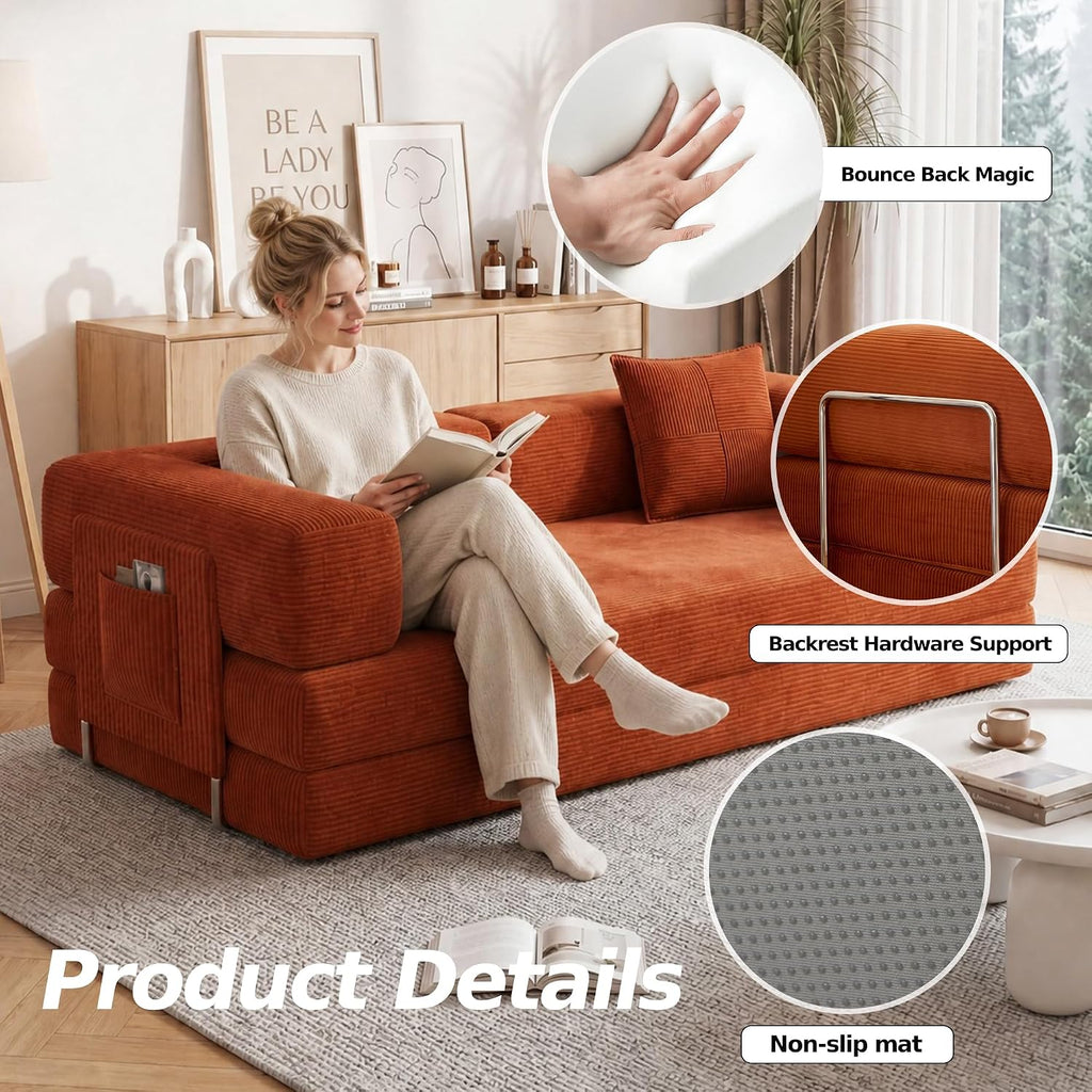 Orange Foldable Corduroy Floor Sofa Bed