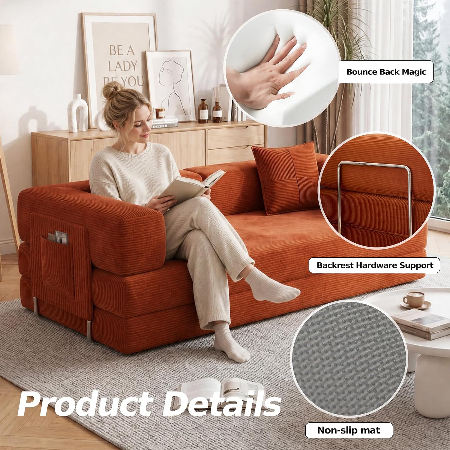 Orange Foldable Corduroy Floor Sofa Bed