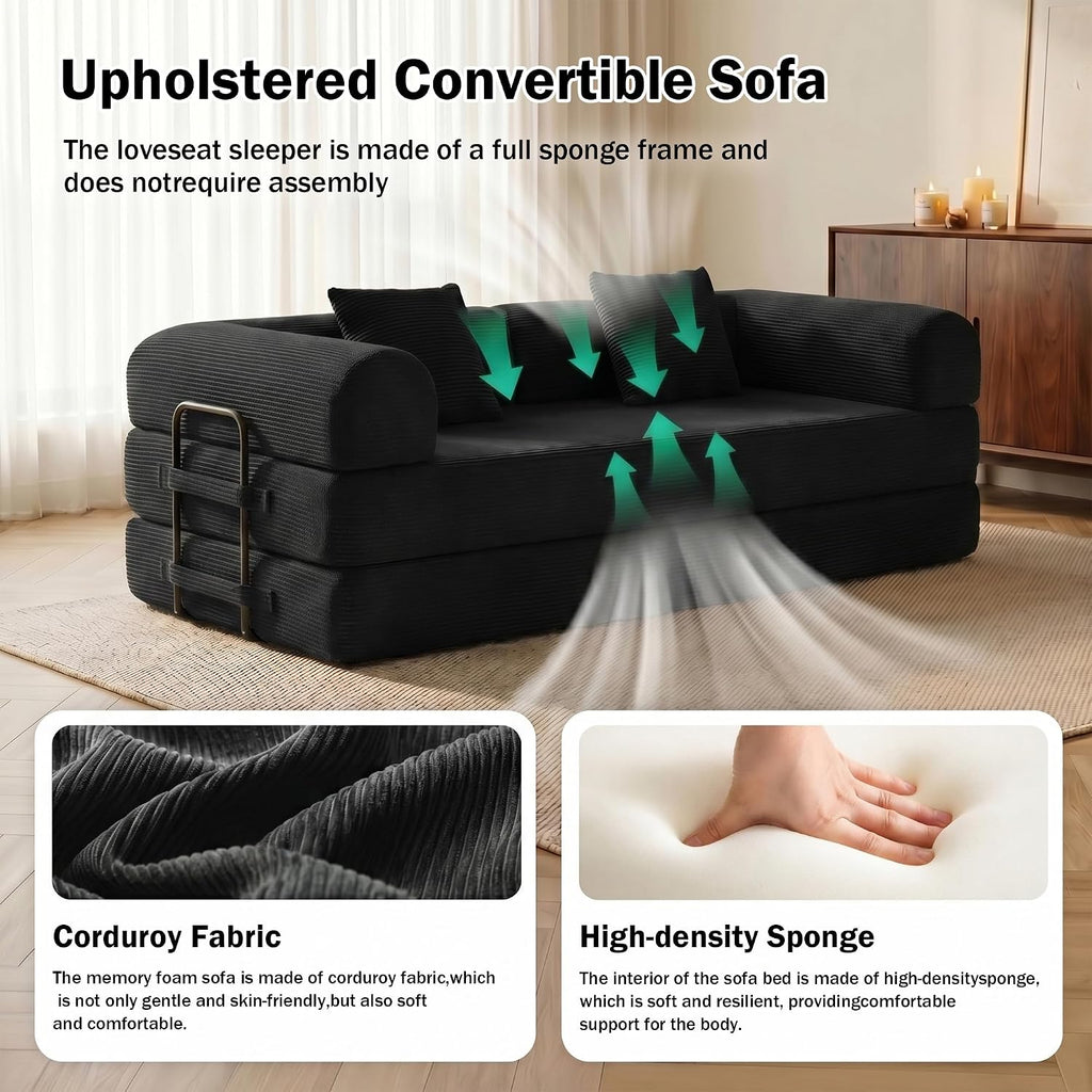 Black Corduroy 5-in-1 Convertible Floor Sofa Bed