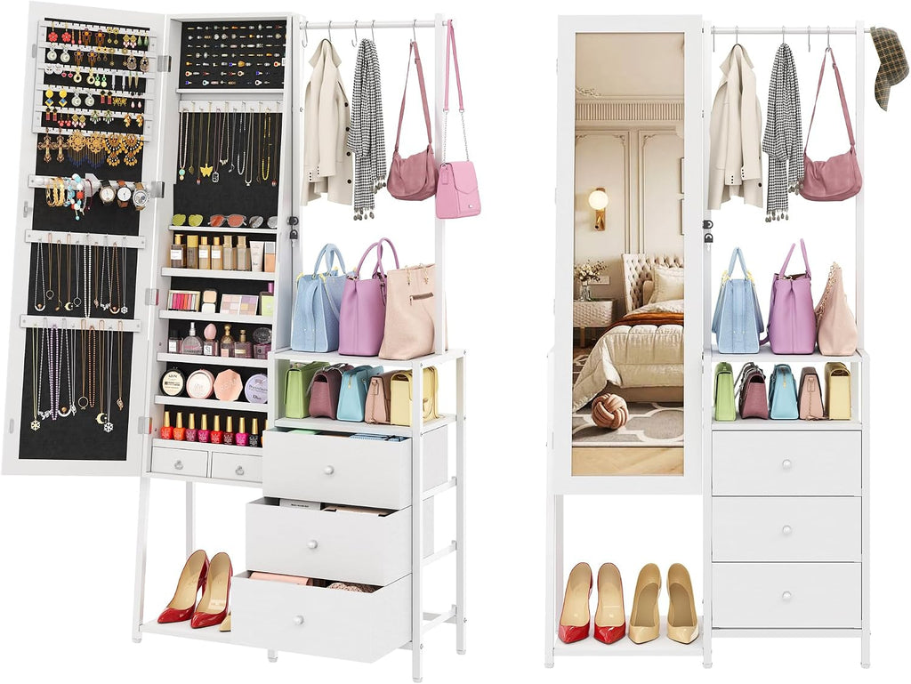 White Jewelry Mirror Cabinet with Clothes Rack