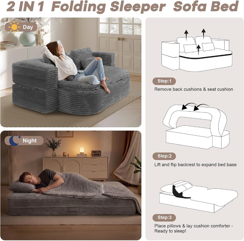 Gray Corduroy Foldable Floor Sofa Bed