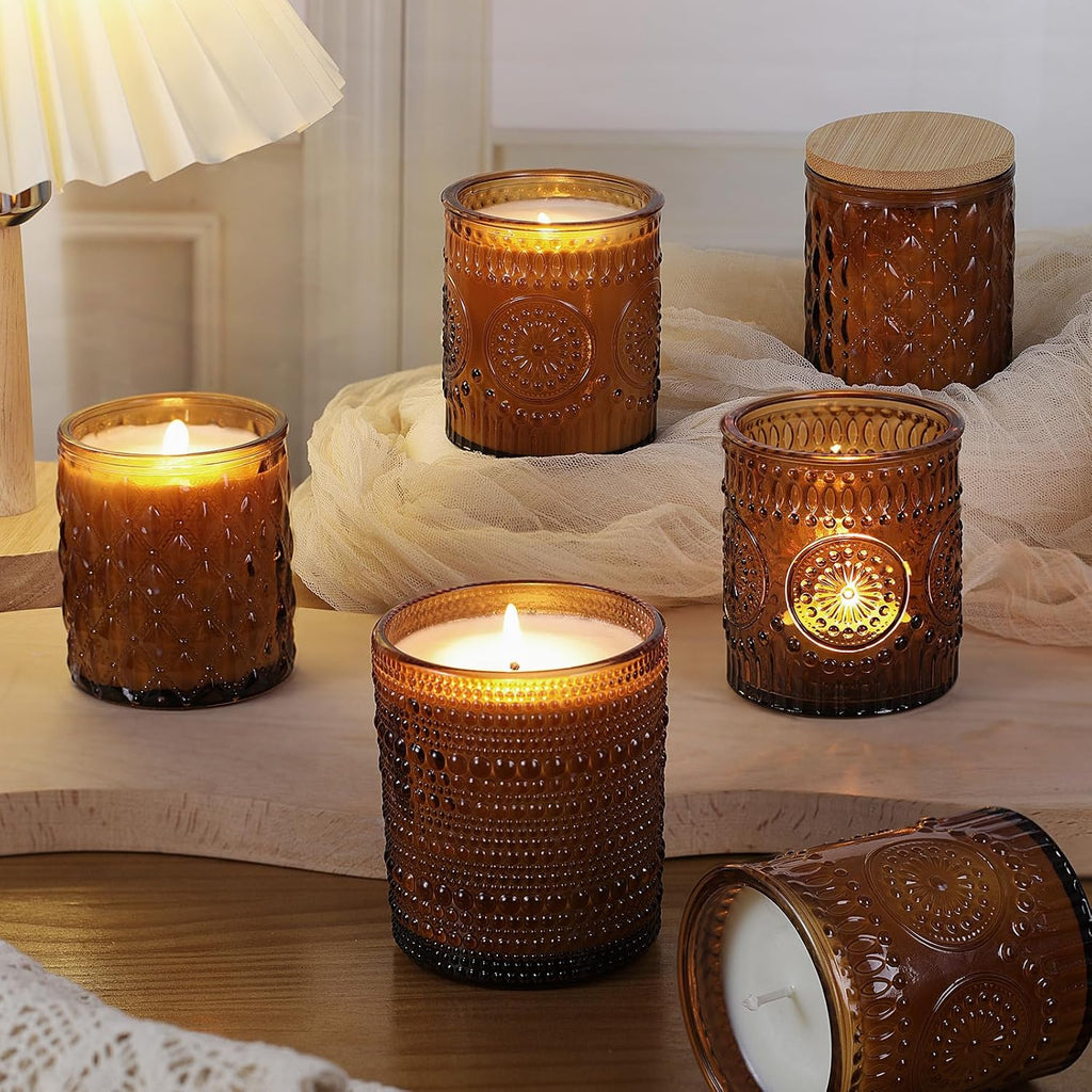 12 Pack Amber Glass Candle Jars Bamboo Lids