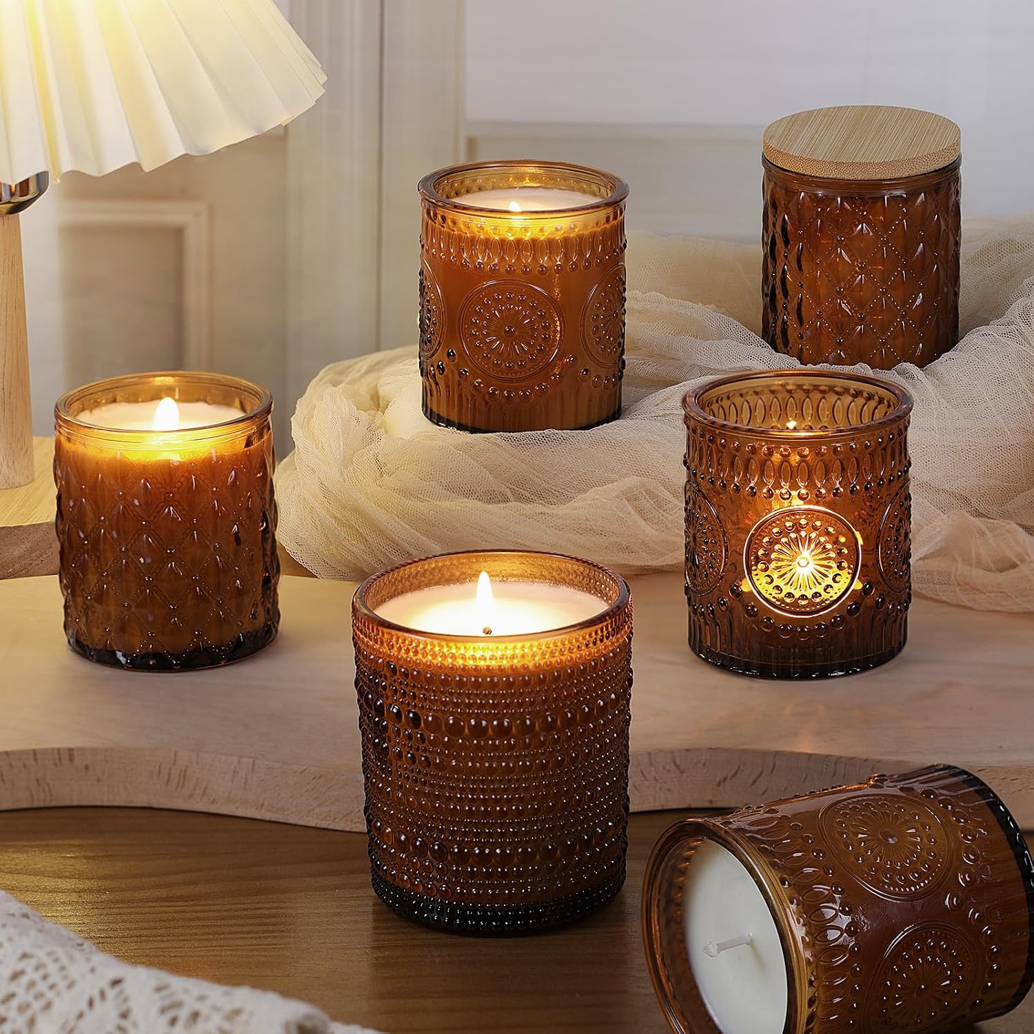 12 Pack Amber Glass Candle Jars Bamboo Lids