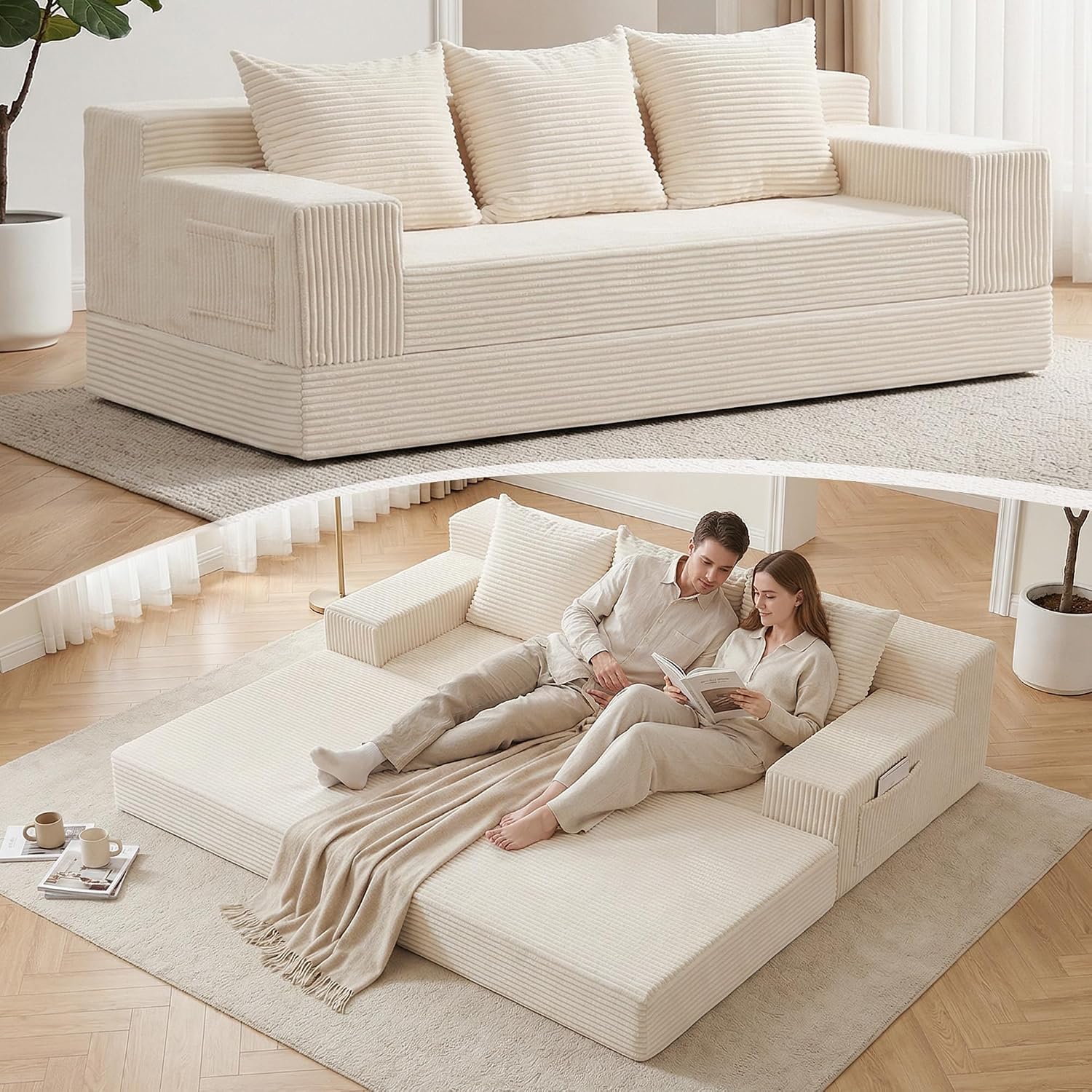 Beige Corduroy Convertible 3 Seater Sofa Bed