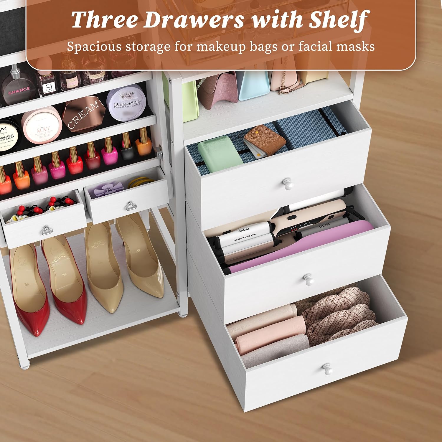 White Jewelry Mirror Cabinet with Clothes Rack