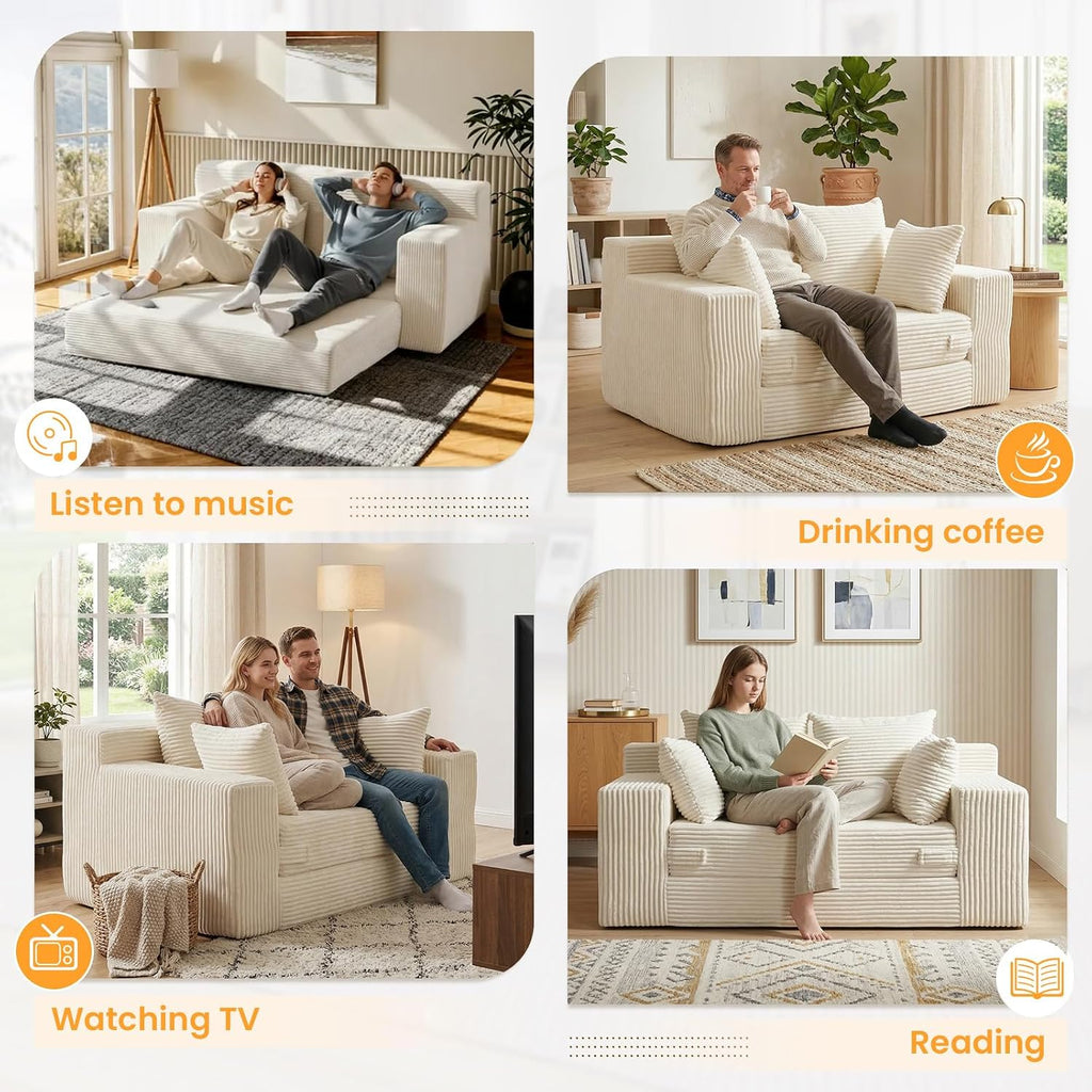 Beige Corduroy 3-in-1 Boneless Loveseat Sofa Bed