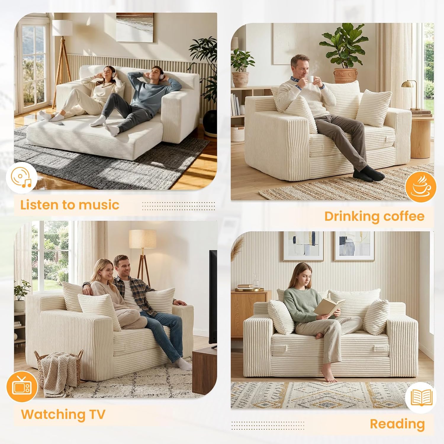 Beige Corduroy 3-in-1 Boneless Loveseat Sofa Bed