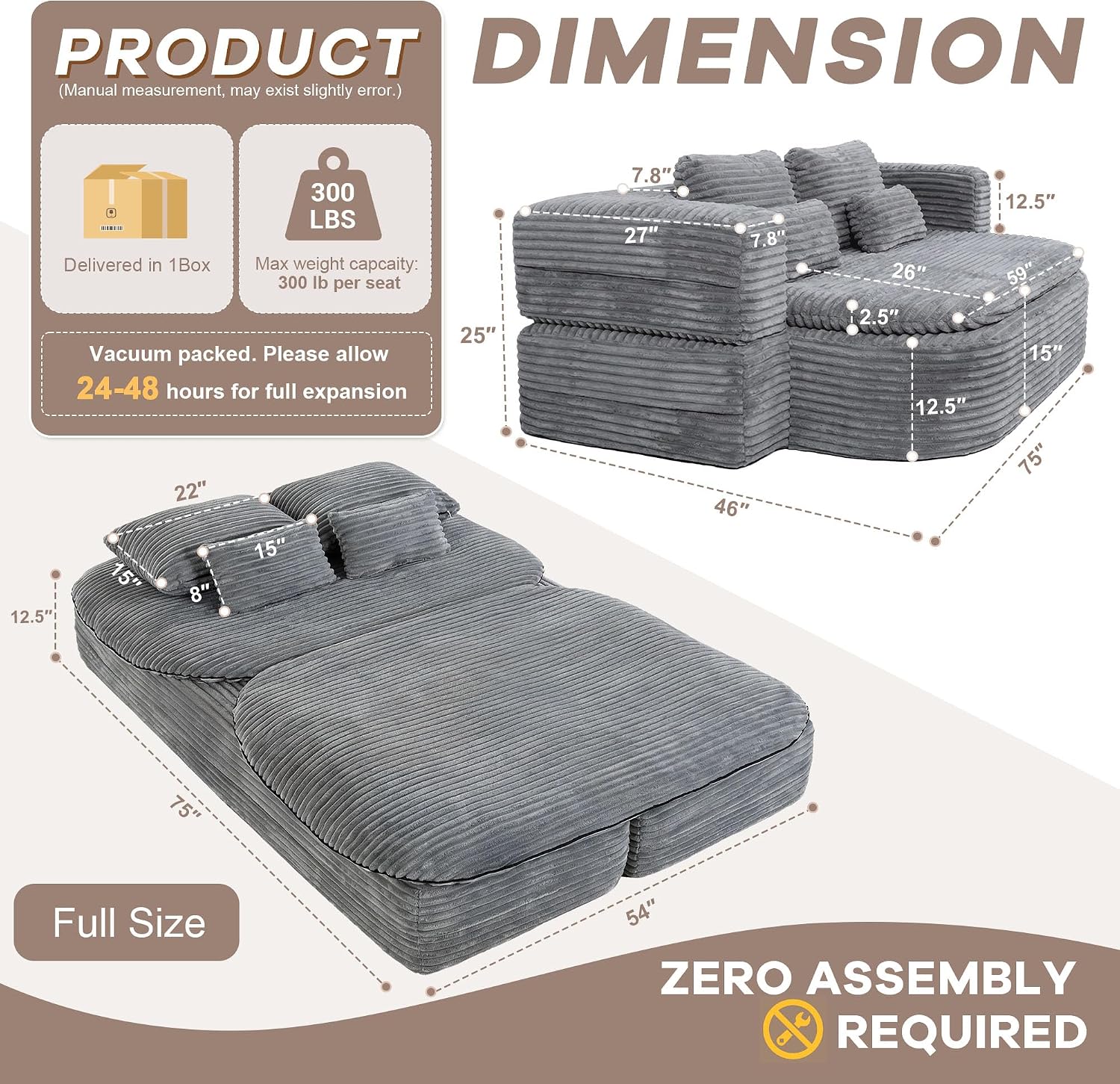 Gray Corduroy Foldable Floor Sofa Bed