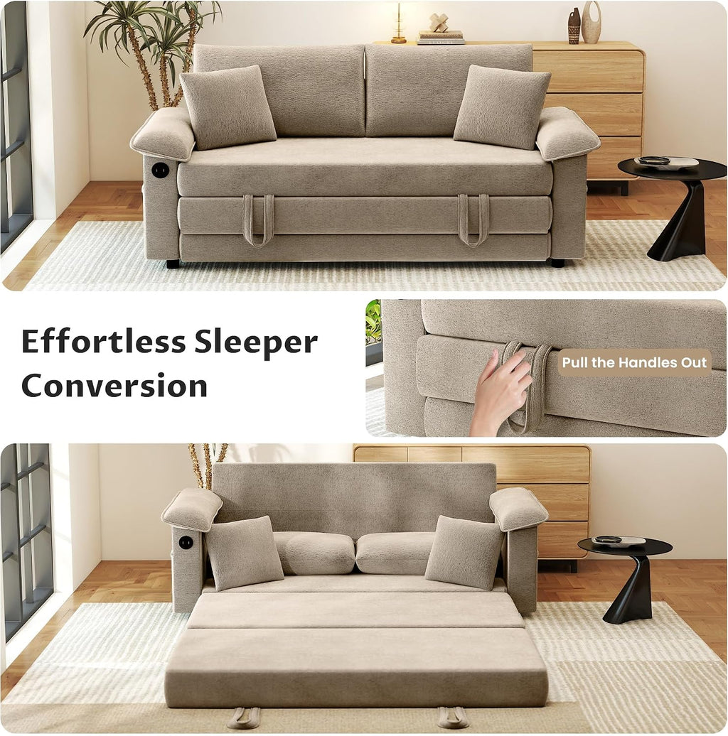 Khaki Chenille Convertible Sofa Bed