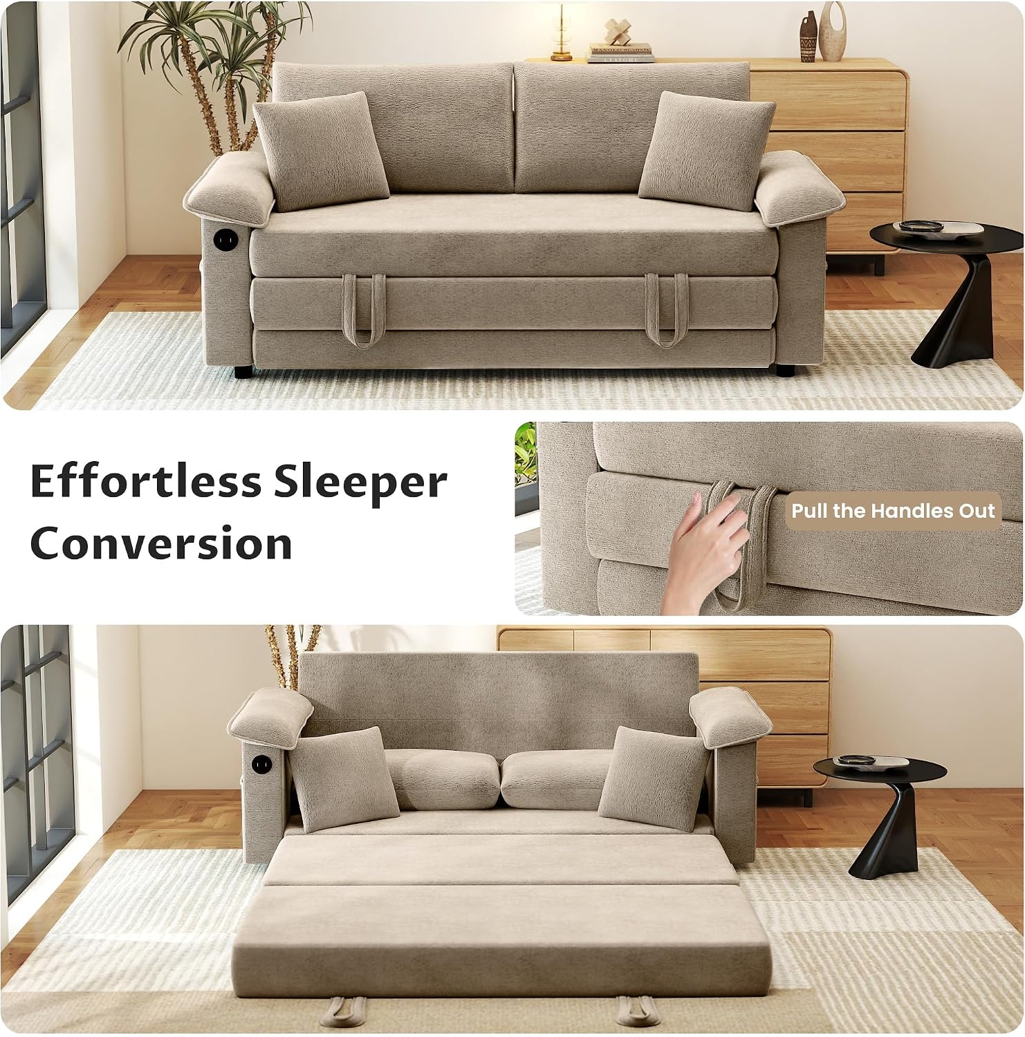Khaki Chenille Convertible Sofa Bed