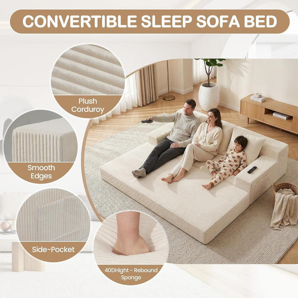 Beige Corduroy Convertible 3 Seater Sofa Bed