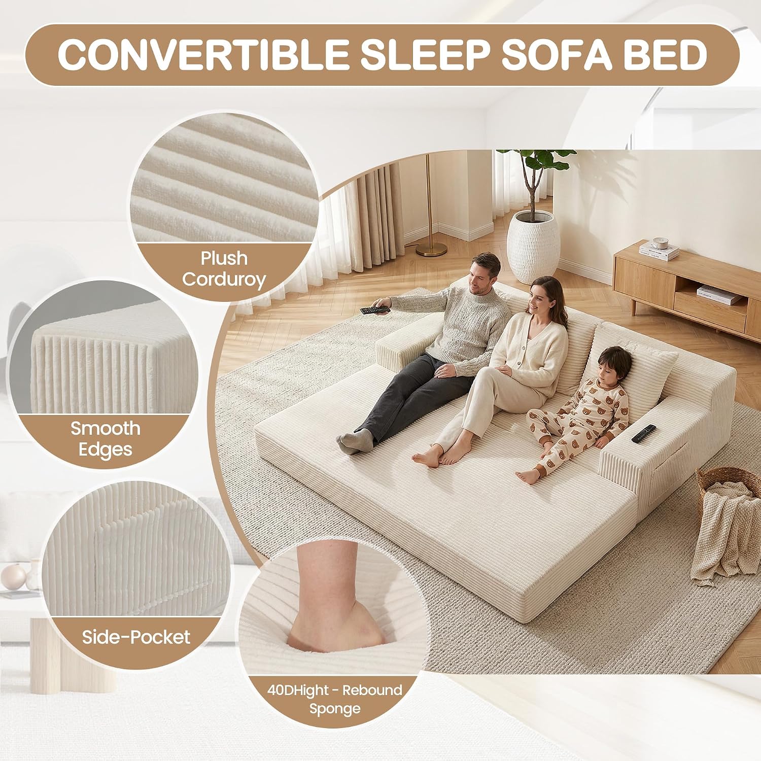 Beige Corduroy Convertible 3 Seater Sofa Bed